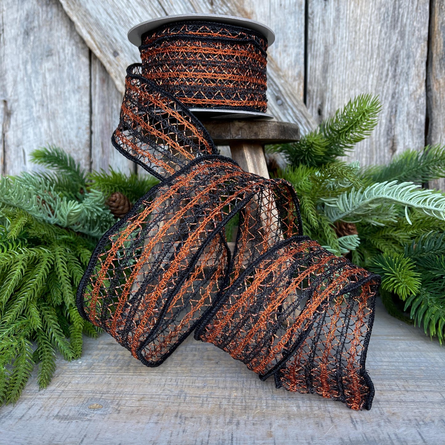 2.5" Orange Halloween Ribbon, Farrisilk Ribbon, Creepy Crochet, Halloween Ribbon, Wired Ribbon, Orange Halloween Ribbon, HR030-87