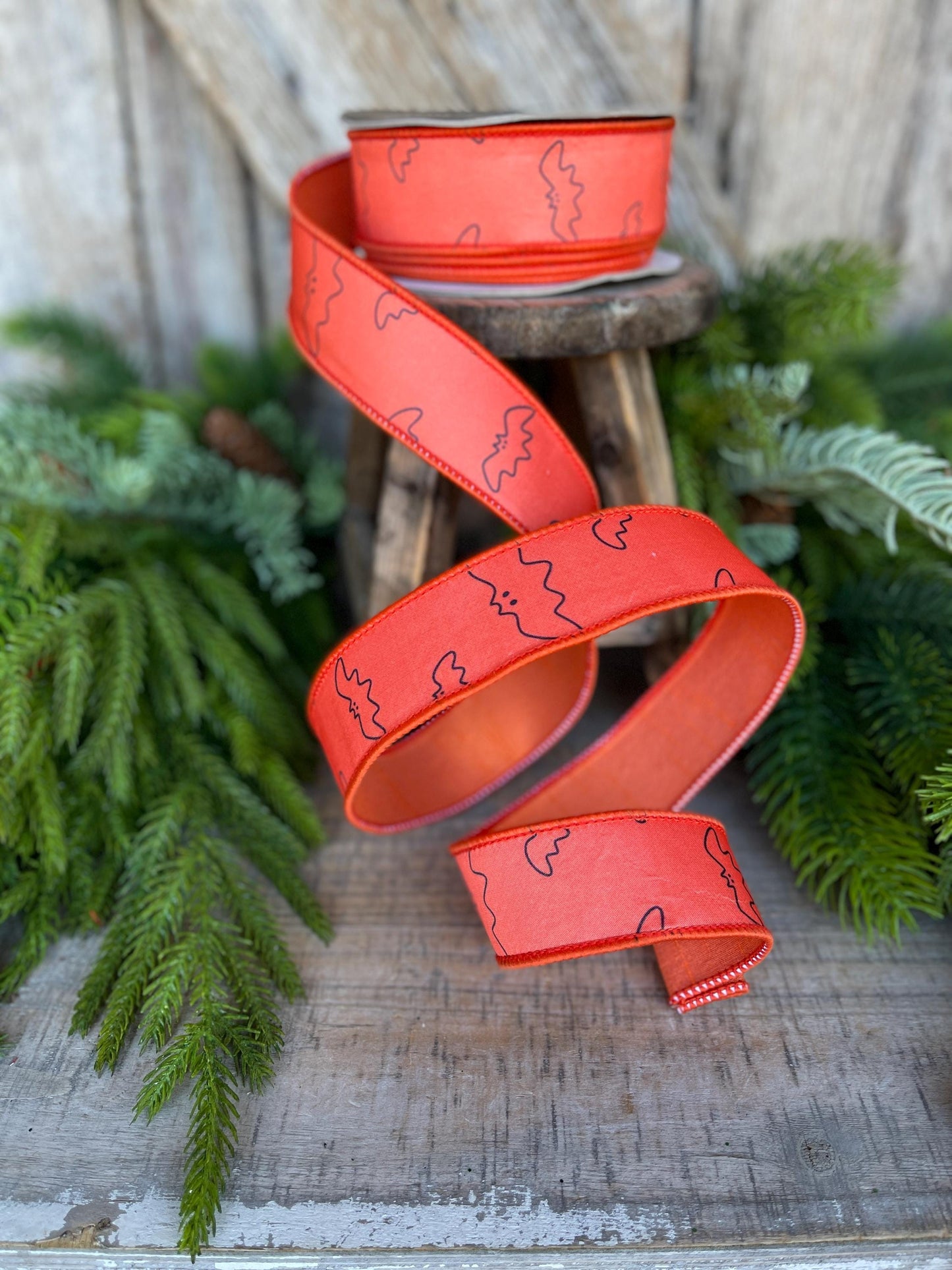 1.5" Orange Bat Ribbon, Farrisilk Ribbon, Halloween Ribbon, Orange Halloween Ribbon, Orange and Black Halloween, Wired Ribbon, HR051-52