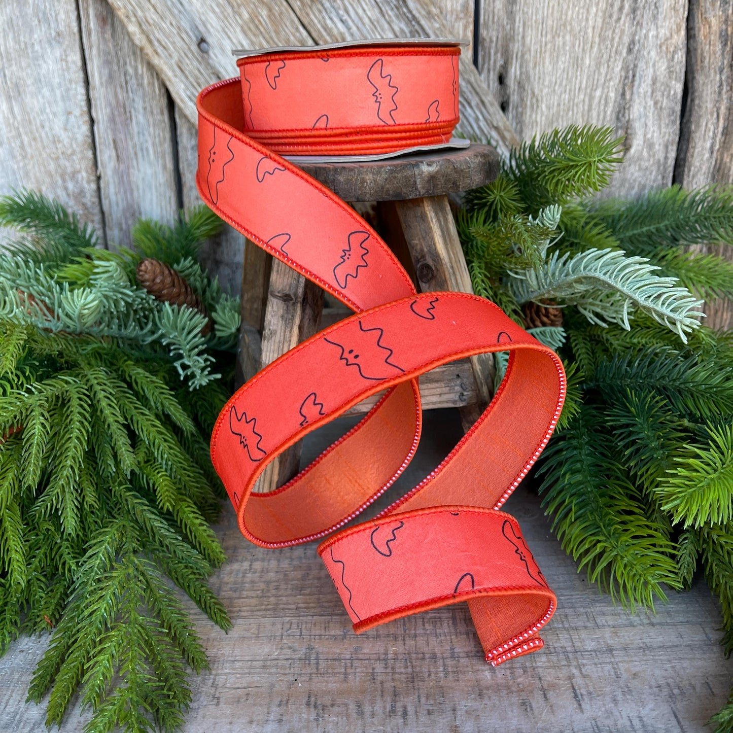 1.5" Orange Bat Ribbon, Farrisilk Ribbon, Halloween Ribbon, Orange Halloween Ribbon, Orange and Black Halloween, Wired Ribbon, HR051-52