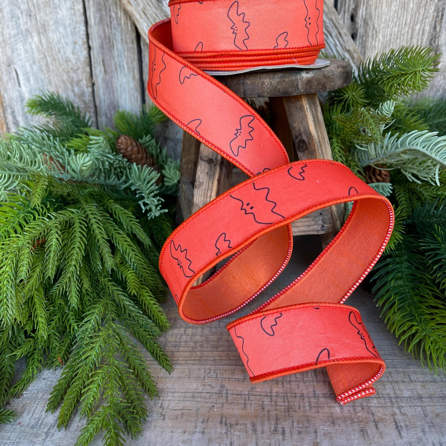 1.5" Orange Bat Ribbon, Farrisilk Ribbon, Halloween Ribbon, Orange Halloween Ribbon, Orange and Black Halloween, Wired Ribbon, HR051-52
