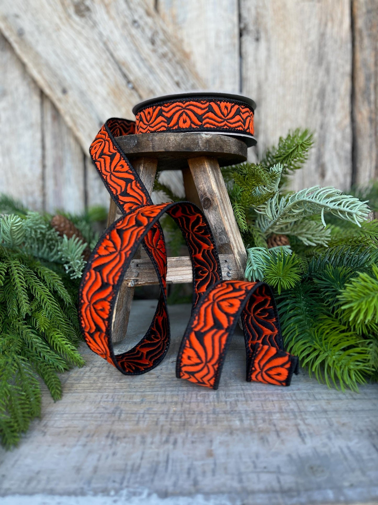 1" Orange Halloween Ribbon, Farrisilk Ribbon, Orange Ghoulish Ribbon, Wired Ribbon, Halloween Decor, HR033-87
