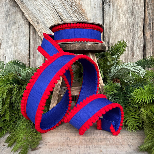 1.5" Patriotic Wired Ribbon, Pom Pom Ribbon Americana Ribbon, 4th of July Decor