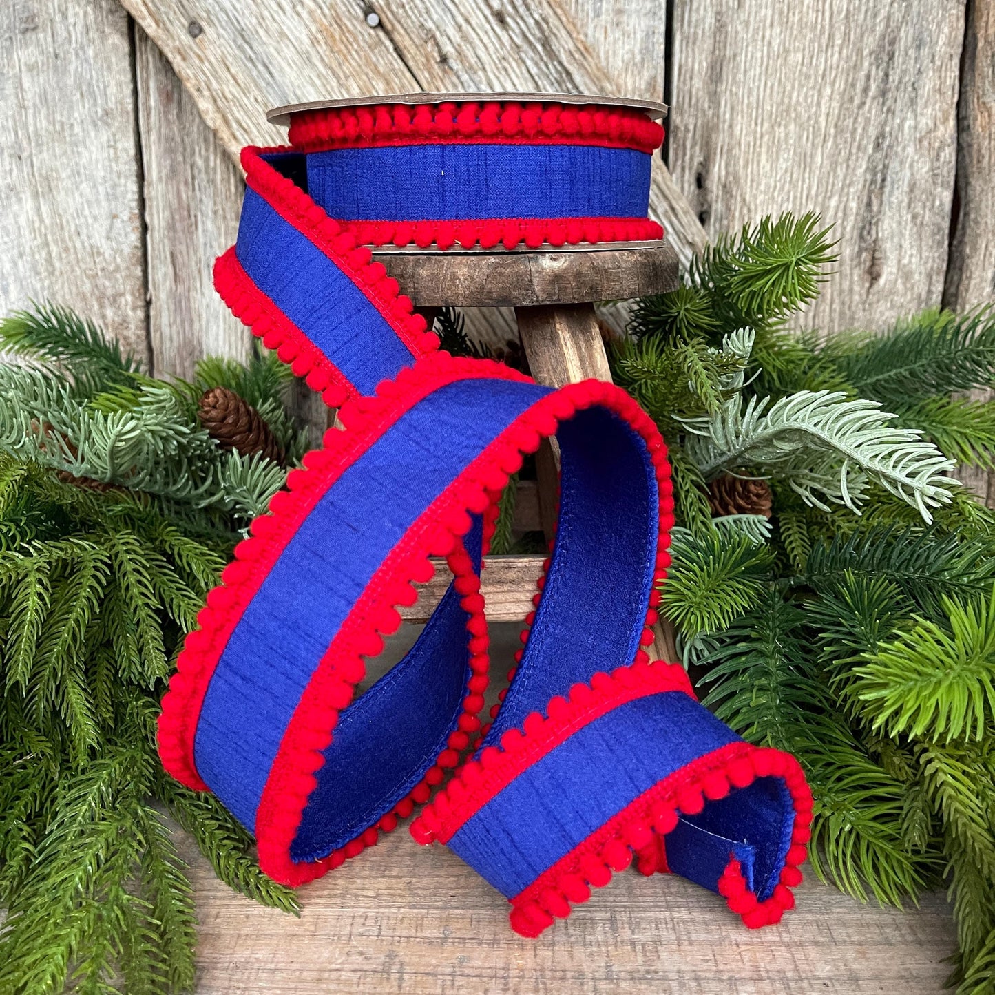 1.5" Patriotic Wired Ribbon, Pom Pom Ribbon Americana Ribbon, 4th of July Decor, 9556W-032-63C