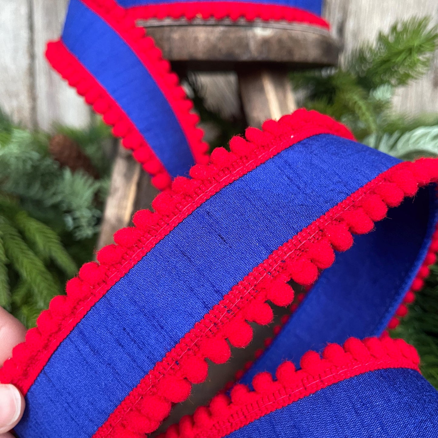 1.5" Patriotic Wired Ribbon, Pom Pom Ribbon Americana Ribbon, 4th of July Decor, 9556W-032-63C