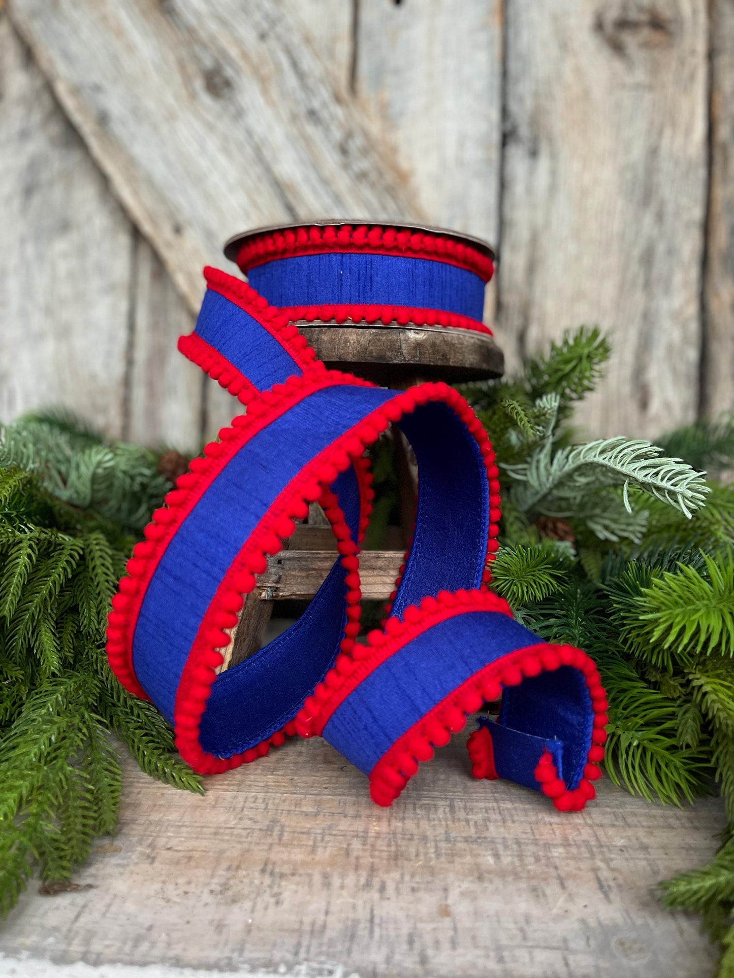 1.5" Patriotic Wired Ribbon, Pom Pom Ribbon Americana Ribbon, 4th of July Decor, 9556W-032-63C