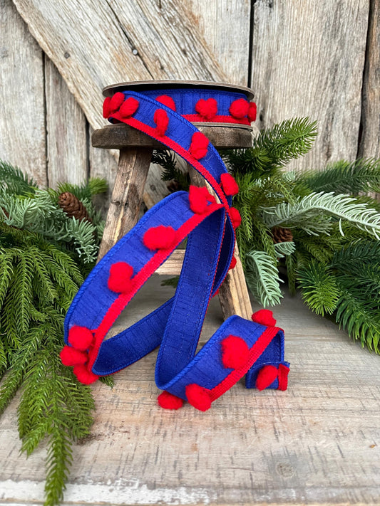 1" Patriotic Wired Ribbon, Pom Pom Ribbon Americana Ribbon, 4th of July Decor