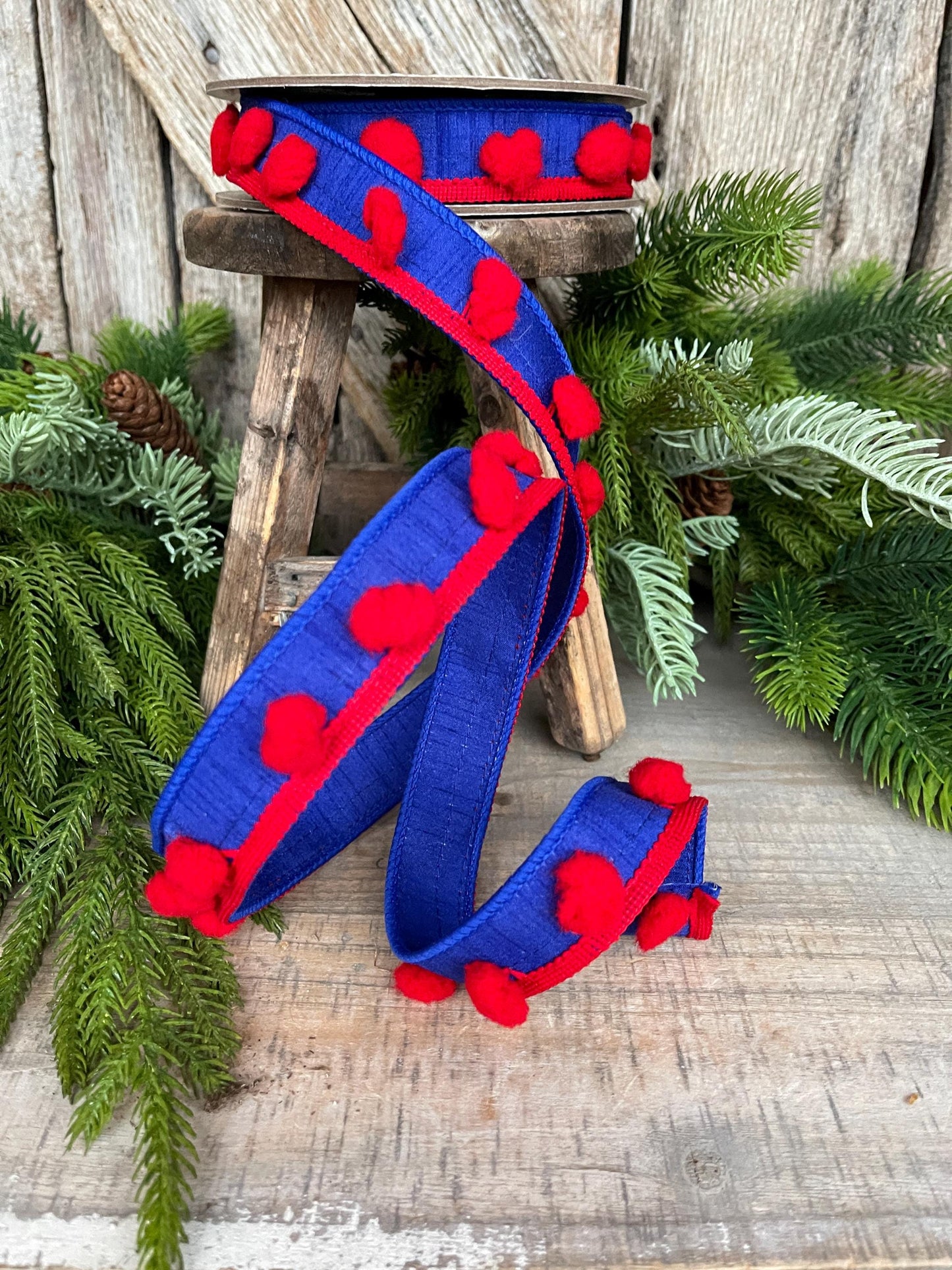 1" Patriotic Wired Ribbon, Pom Pom Ribbon Americana Ribbon, 4th of July Decor, 94597W-941-05D