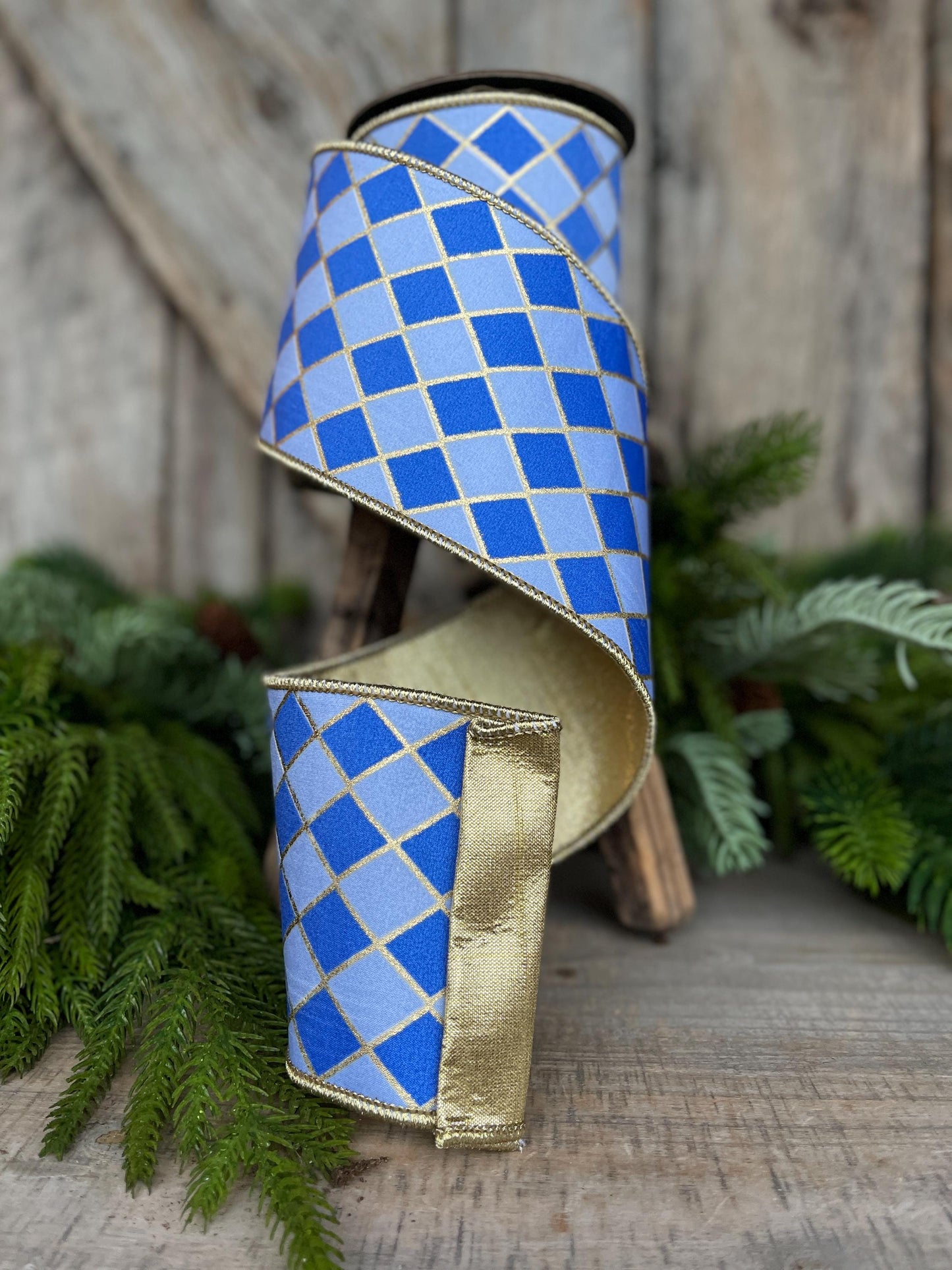 4" French Blue Harlequin Ribbon, Wired Ribbon, Designer Ribbon, 2 Tone Blue Ribbon, Diamond Ribbon, 94562W-350-10D