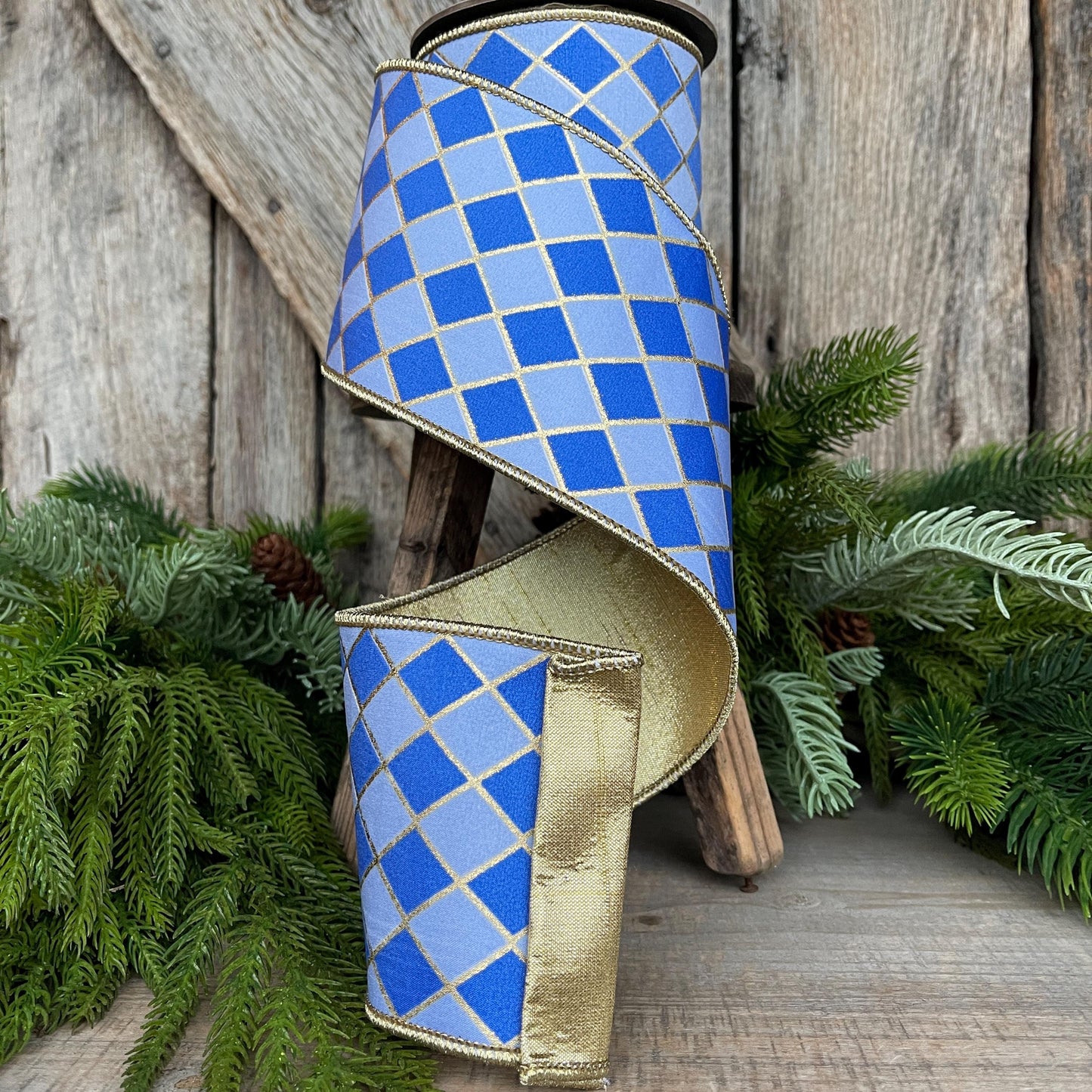 4" French Blue Harlequin Ribbon, Wired Ribbon, Designer Ribbon, 2 Tone Blue Ribbon, Diamond Ribbon, 94562W-350-10D