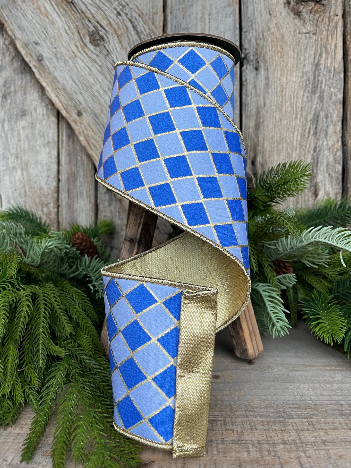4" French Blue Harlequin Ribbon, Wired Ribbon, Designer Ribbon, 2 Tone Blue Ribbon, Diamond Ribbon, 94562W-350-10D