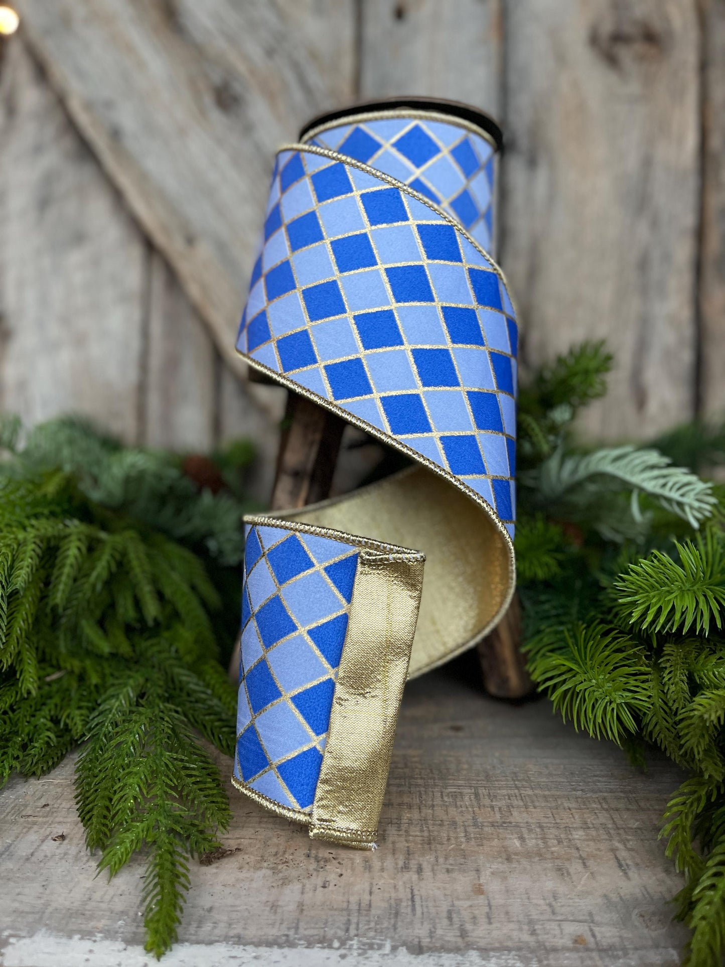 4" French Blue Harlequin Ribbon, Wired Ribbon, Designer Ribbon, 2 Tone Blue Ribbon, Diamond Ribbon, 94562W-350-10D