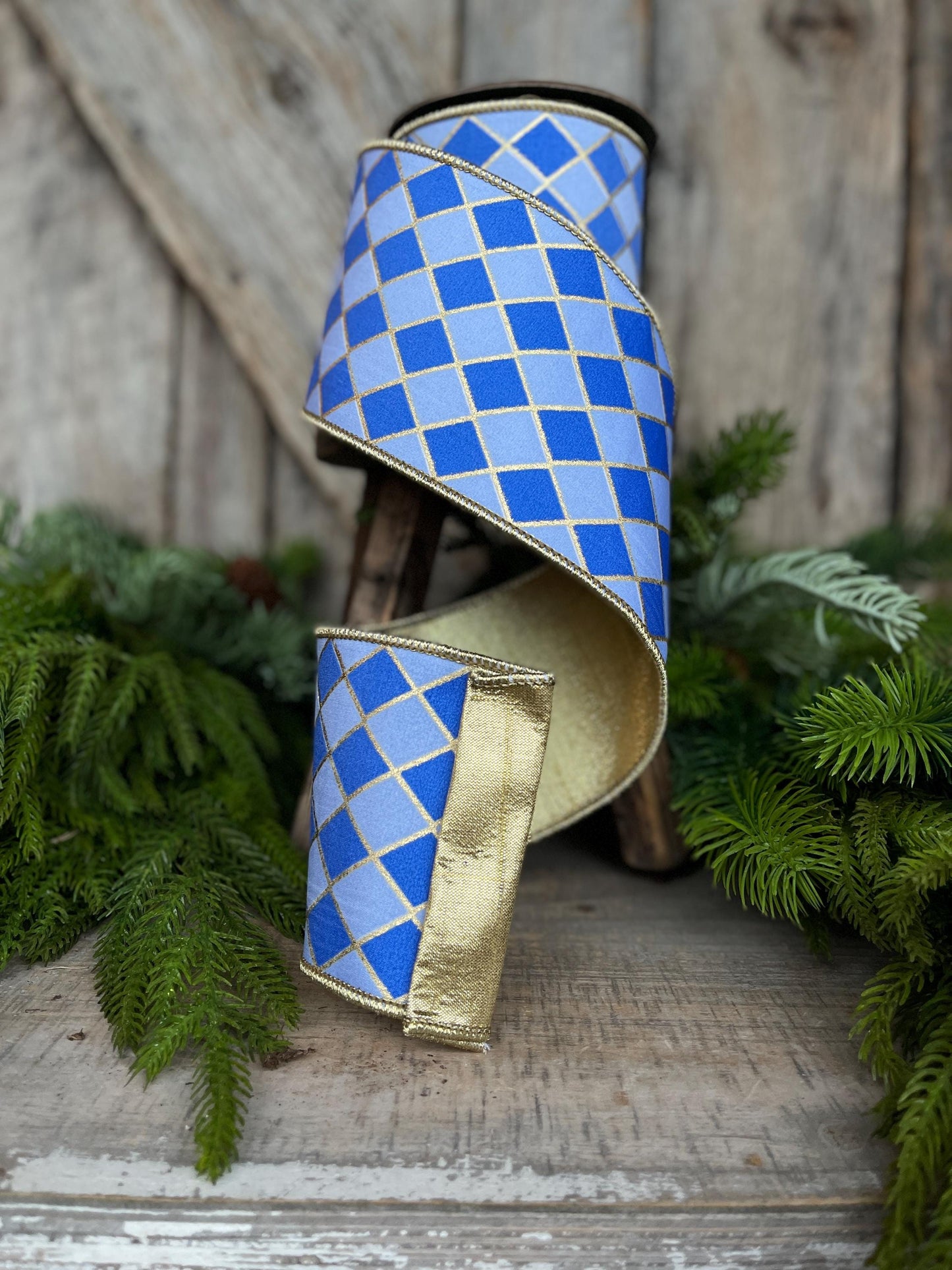 4" French Blue Harlequin Ribbon, Wired Ribbon, Designer Ribbon, 2 Tone Blue Ribbon, Diamond Ribbon, 94562W-350-10D