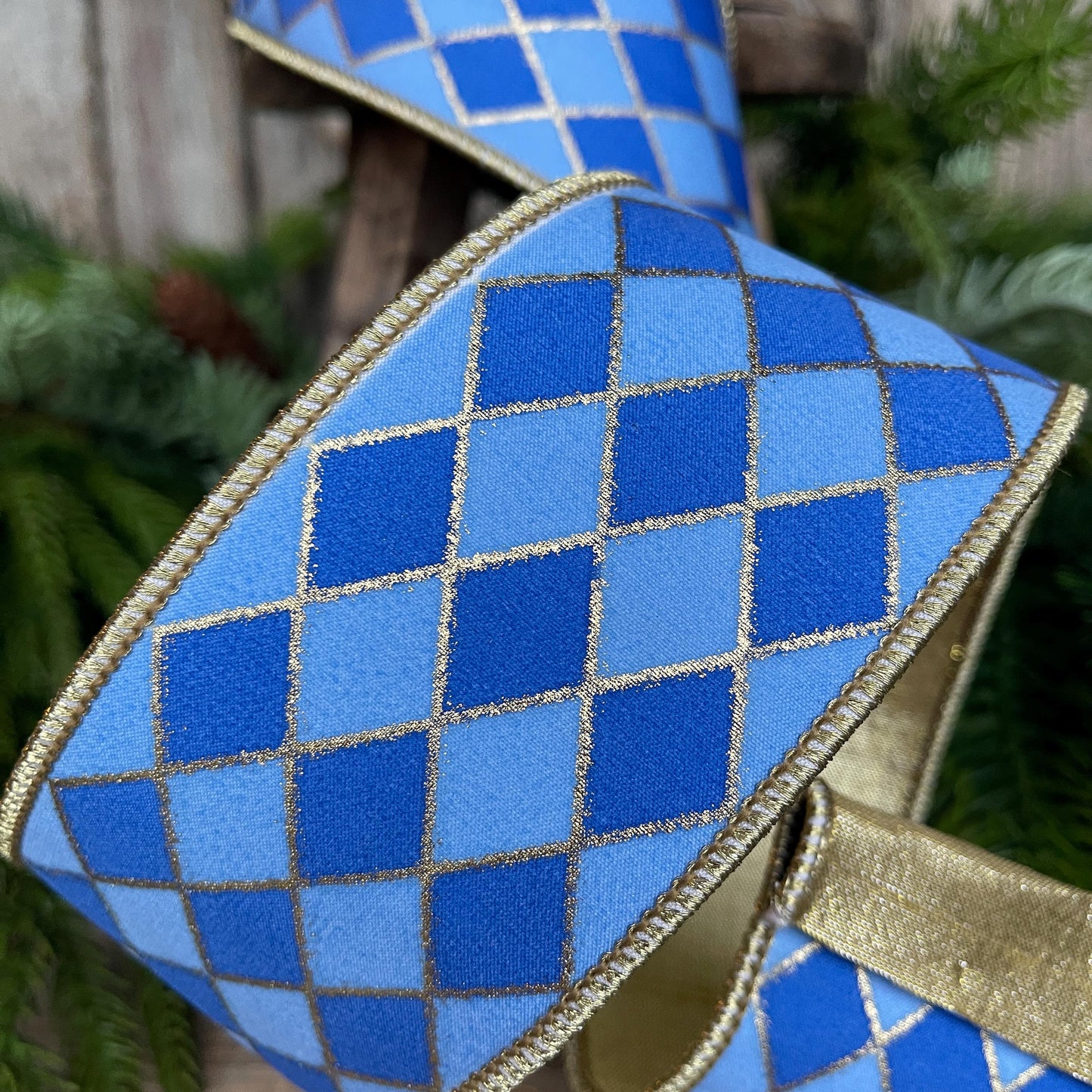 2.5" French Blue Harlequin Ribbon, Wired Ribbon, Designer Ribbon, 2 Tone Blue Ribbon, Diamond Ribbon, 94562W-350-40D