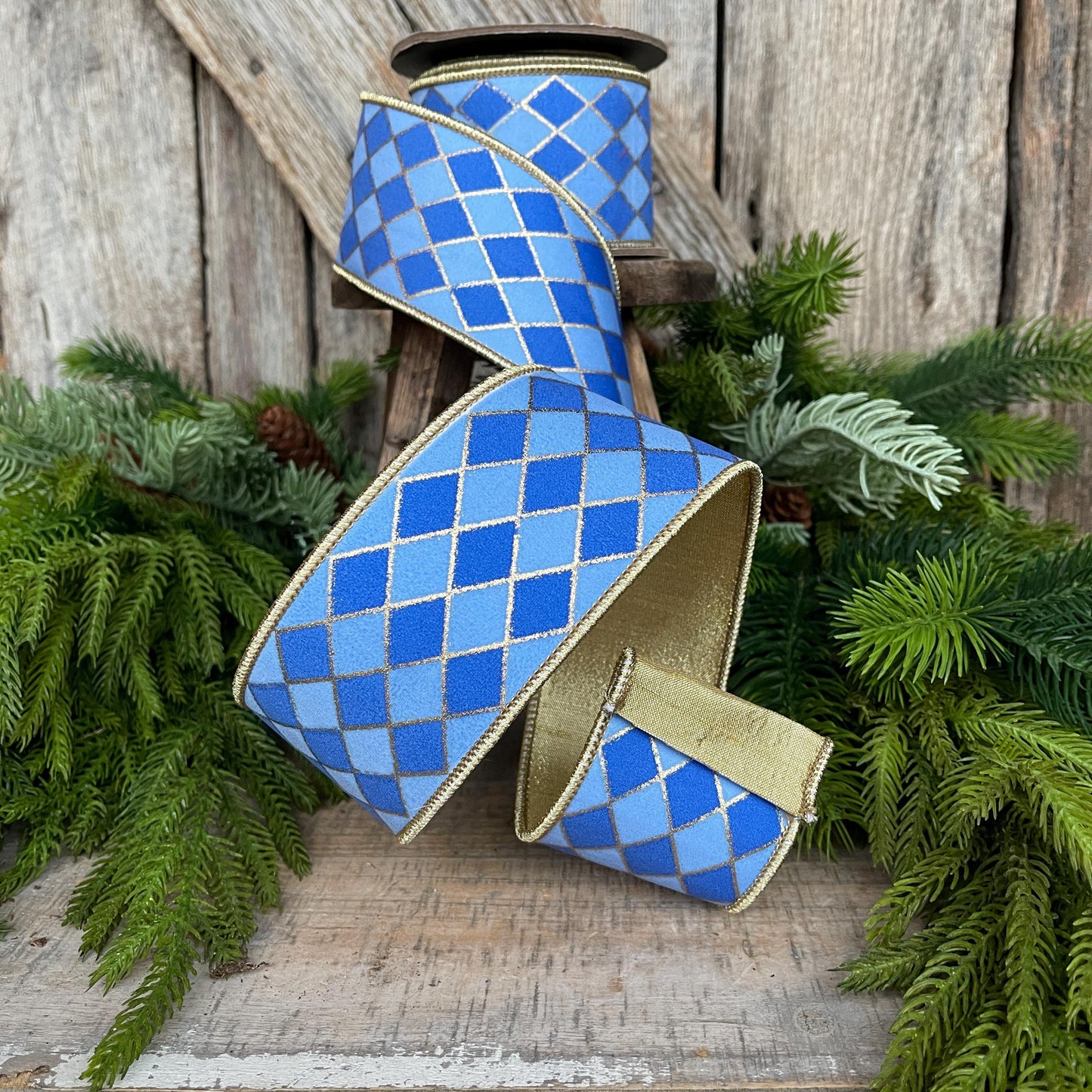 2.5" French Blue Harlequin Ribbon, Wired Ribbon, Designer Ribbon, 2 Tone Blue Ribbon, Diamond Ribbon, 94562W-350-40D