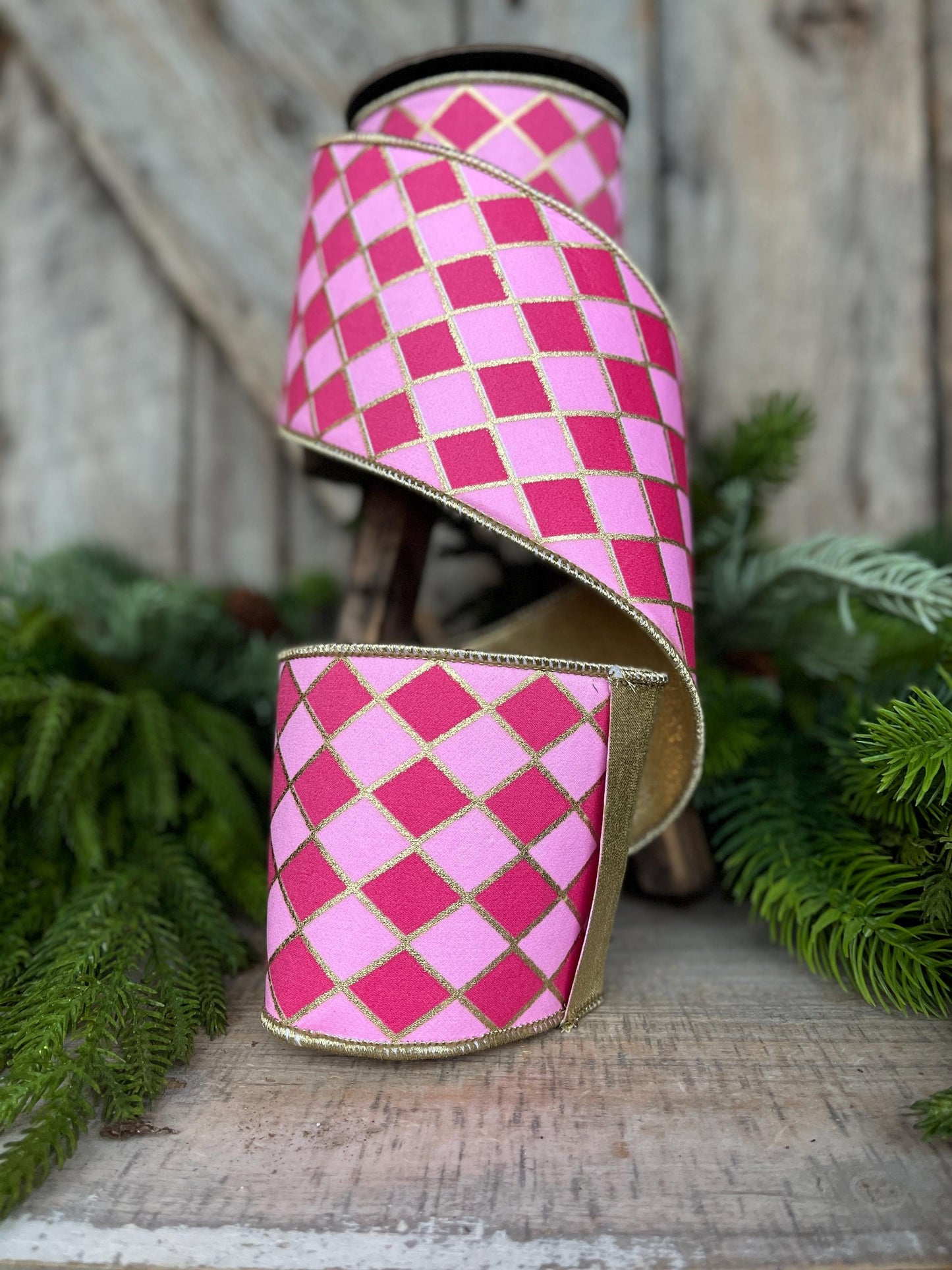 4" Pink Harlequin Ribbon, Wired Ribbon, Designer Ribbon, 2 Tone Pink Ribbon, Diamond Ribbon, 94562W-372-10D