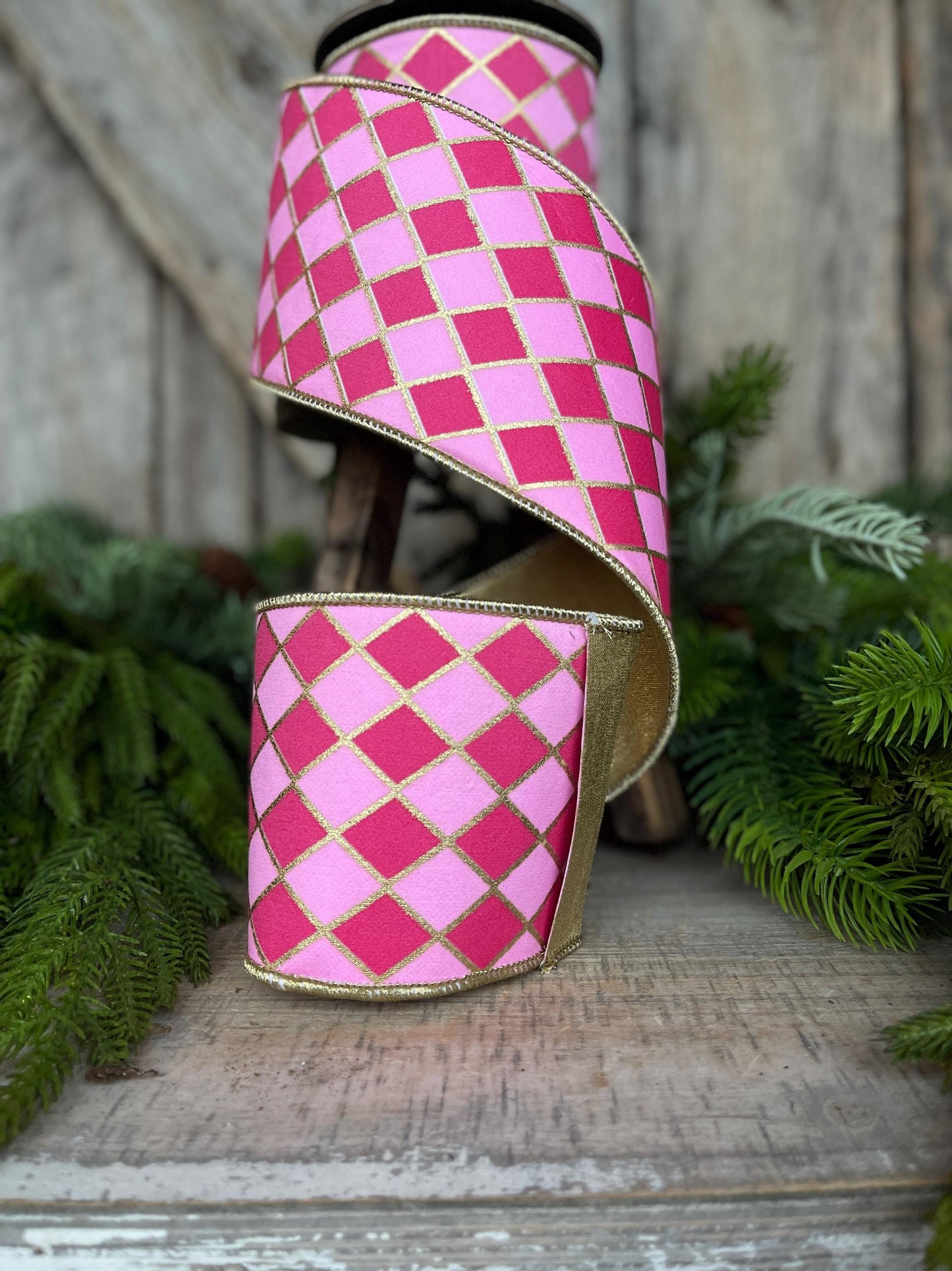 4" Pink Harlequin Ribbon, Wired Ribbon, Designer Ribbon, 2 Tone Pink Ribbon, Diamond Ribbon, 94562W-372-10D