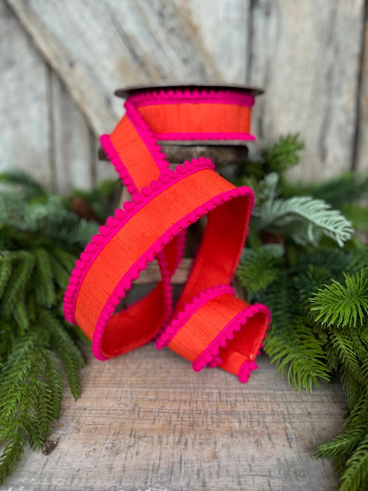 1.5" Orange Hot Pink Ribbon, Wired Ribbon, Designer Ribbon, Orange Ribbon, Pom Pom Ribbon, 94596W-187-09D