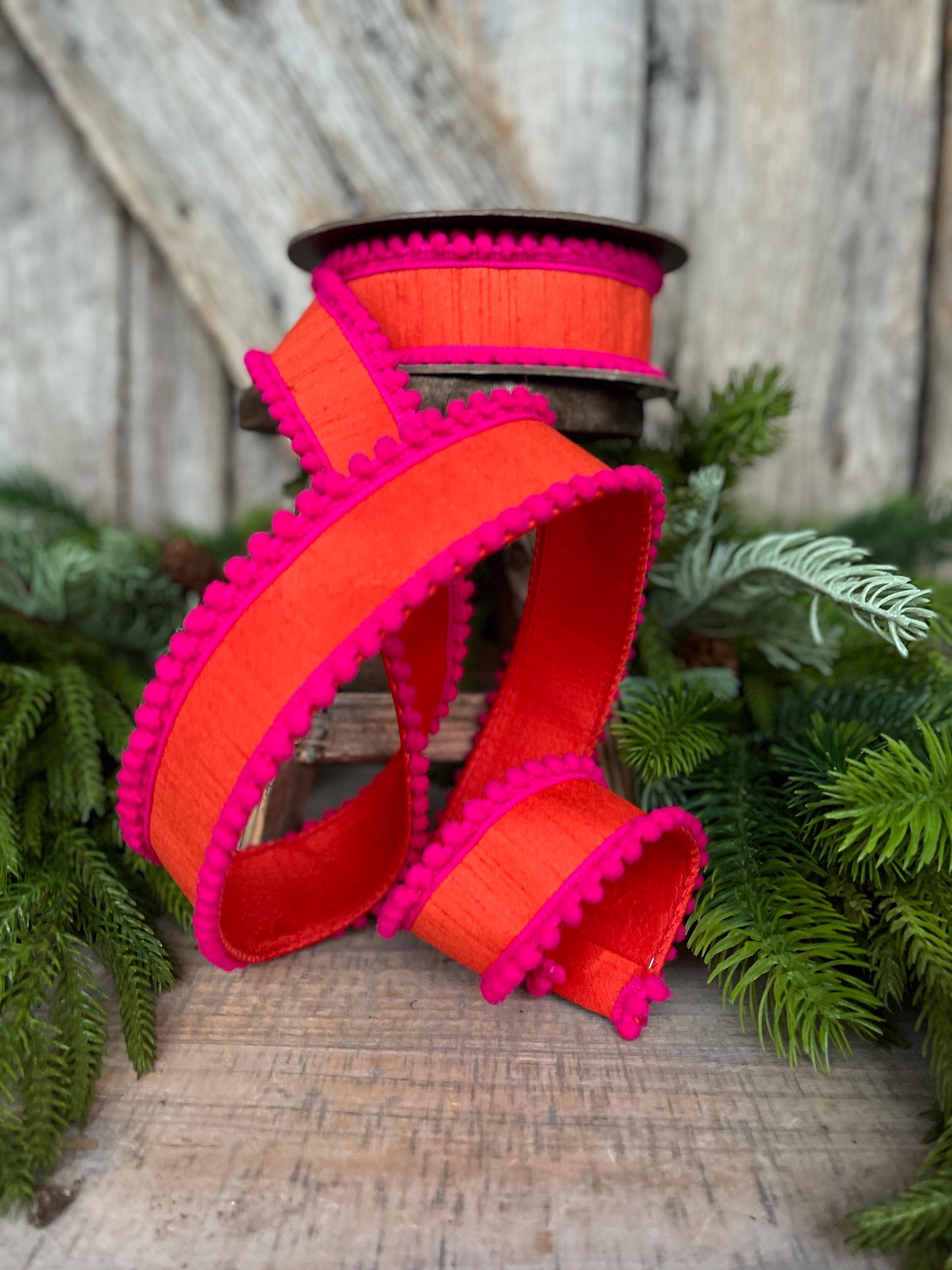 1.5" Orange Hot Pink Ribbon, Wired Ribbon, Designer Ribbon, Orange Ribbon, Pom Pom Ribbon, 94596W-187-09D
