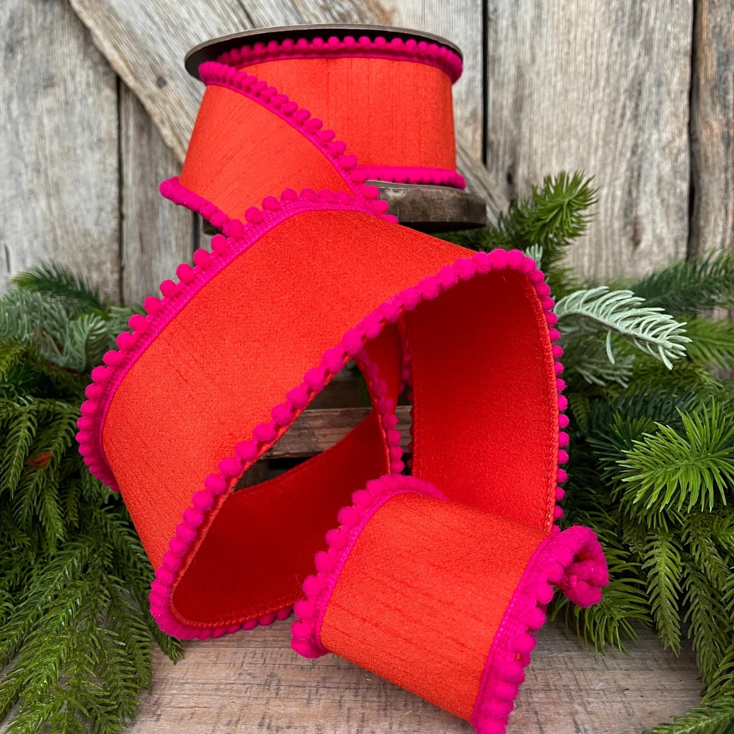 2.5" Orange Hot Pink Ribbon, Wired Ribbon, Designer Ribbon, Orange Ribbon, Pom Pom Ribbon, 94596W-187-40D