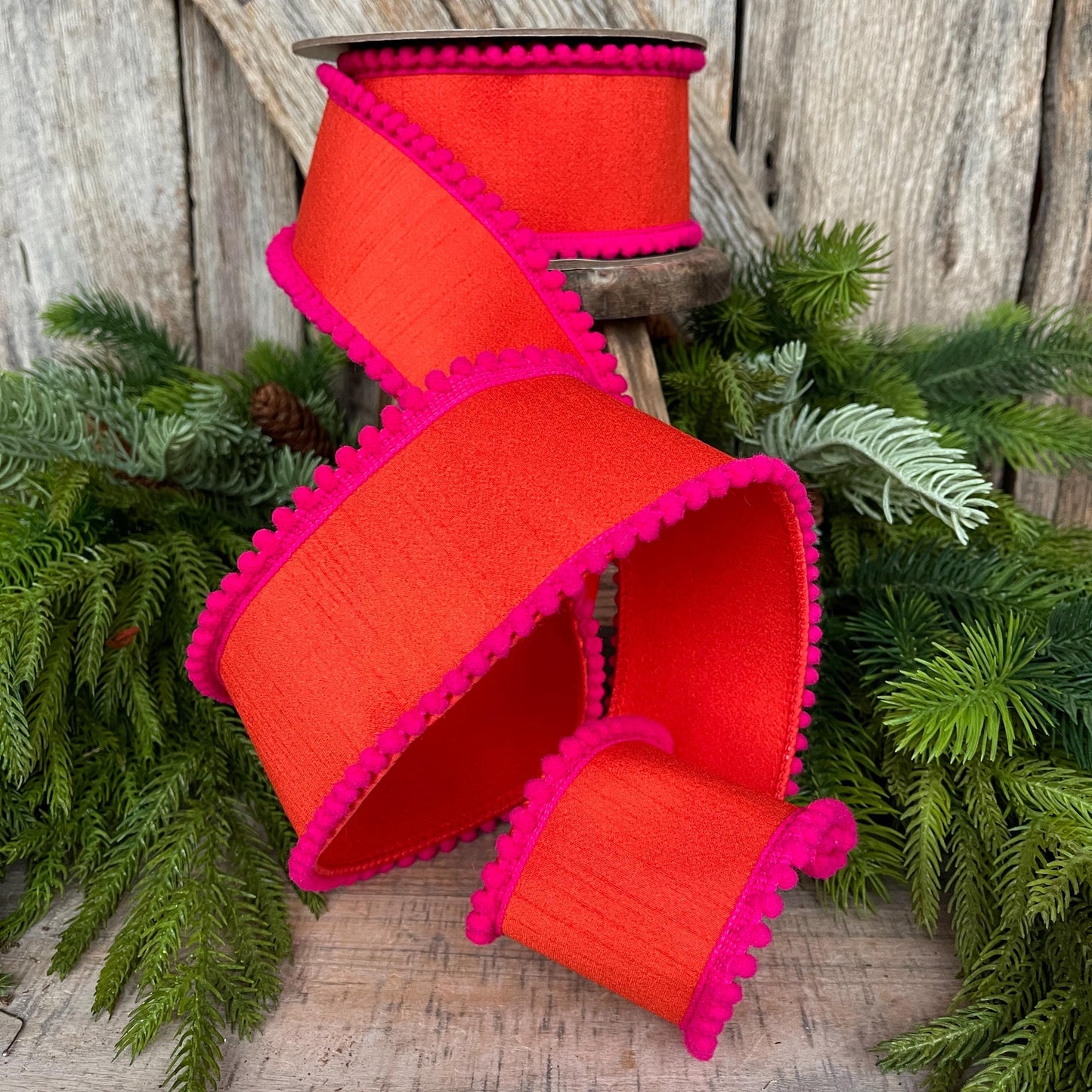 2.5" Orange Hot Pink Ribbon, Wired Ribbon, Designer Ribbon, Orange Ribbon, Pom Pom Ribbon, 94596W-187-40D