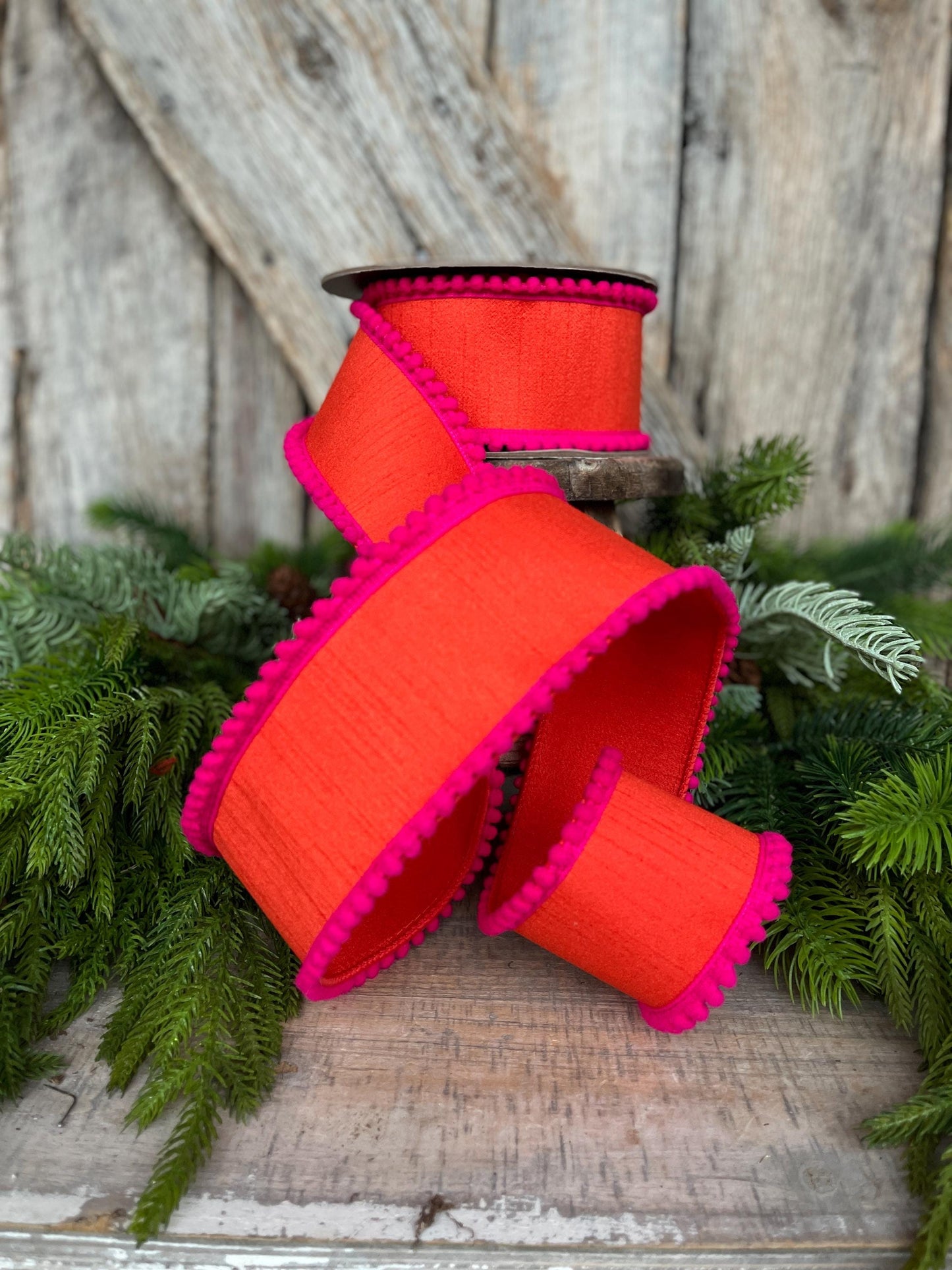 2.5" Orange Hot Pink Ribbon, Wired Ribbon, Designer Ribbon, Orange Ribbon, Pom Pom Ribbon, 94596W-187-40D
