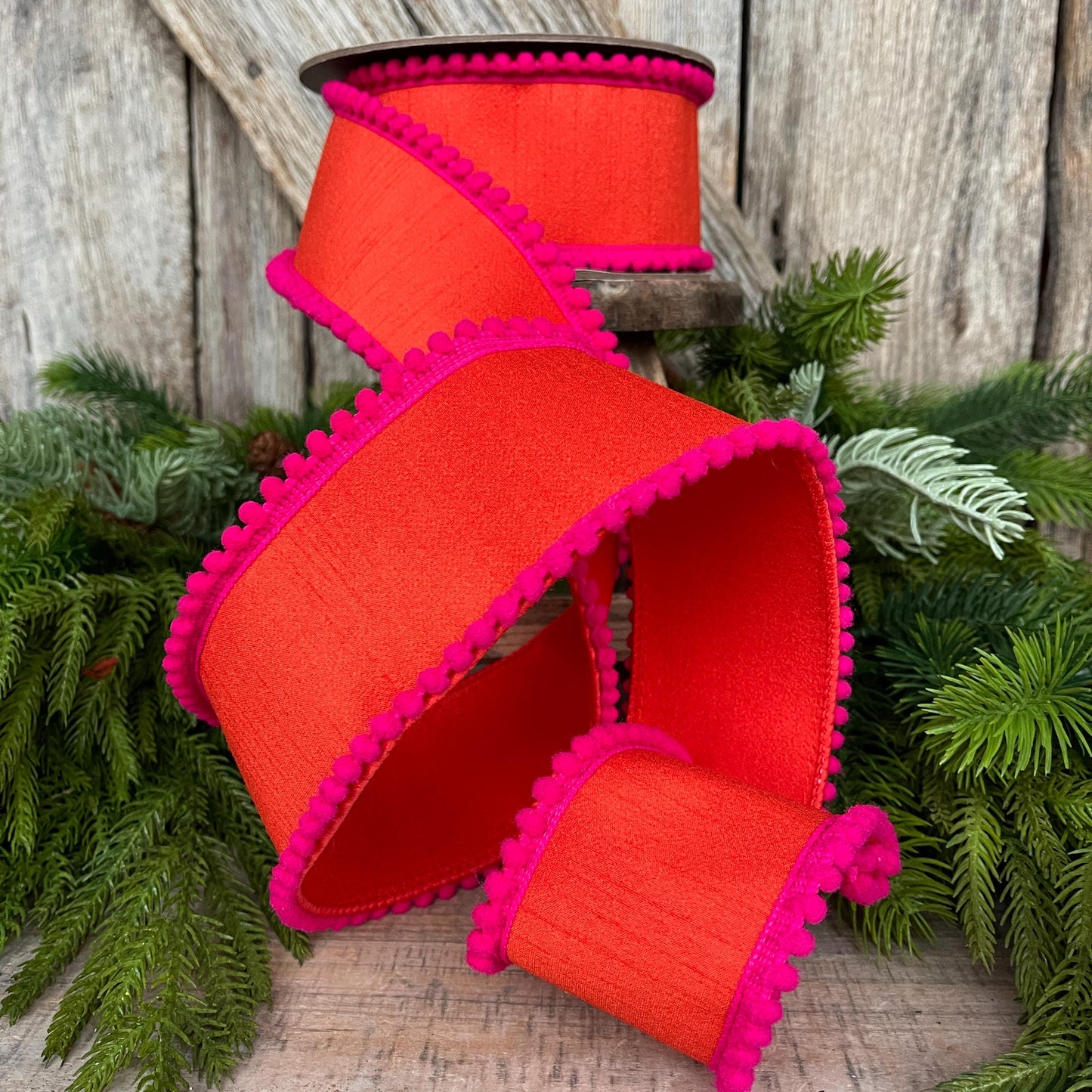2.5" Orange Hot Pink Ribbon, Wired Ribbon, Designer Ribbon, Orange Ribbon, Pom Pom Ribbon, 94596W-187-40D