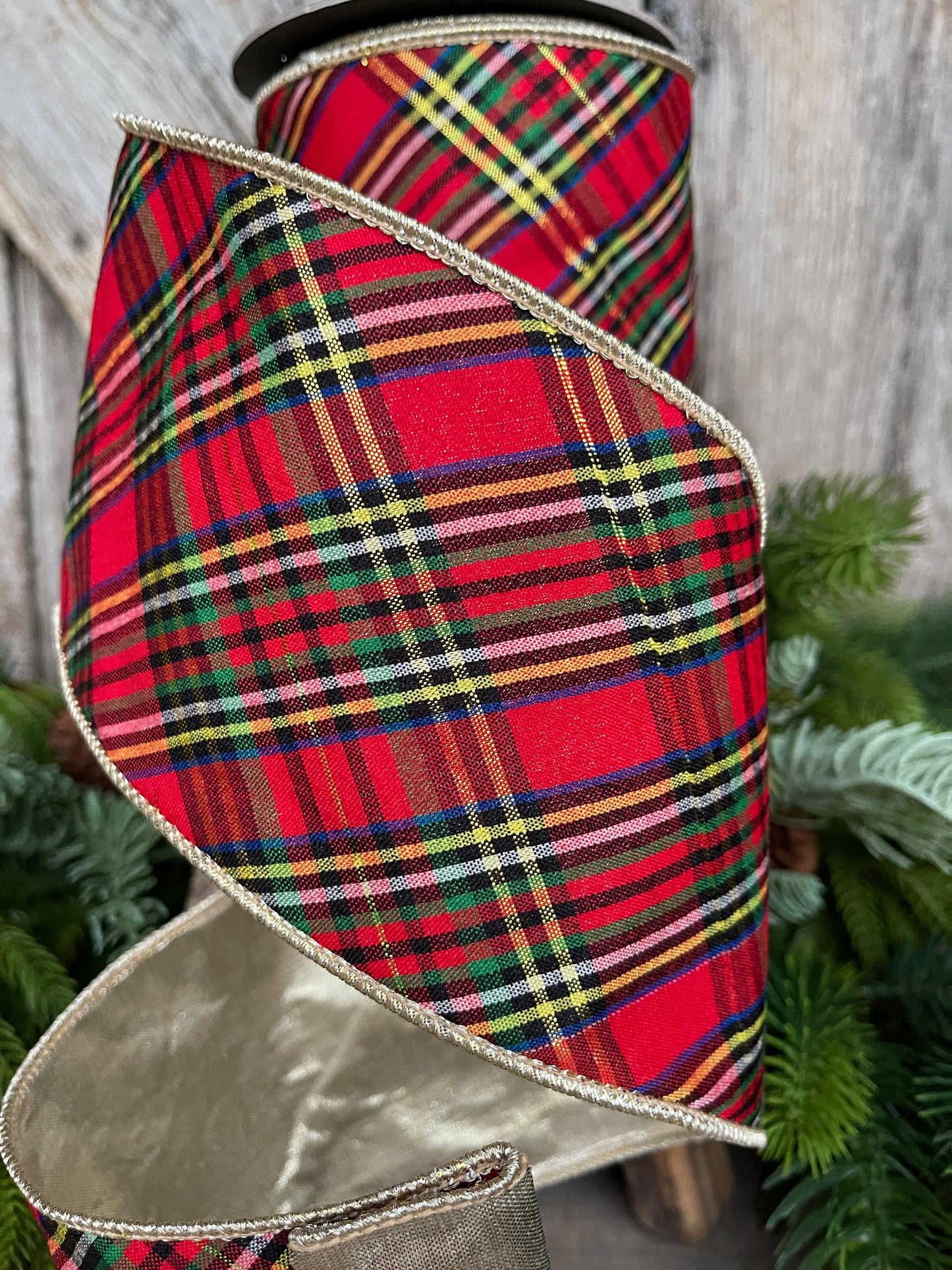 4" Traditional CHristmas Plaid, Wired Ribbon, Red Blue Chirstmas Plaid RIbbon, RIbbon for Treee, Christmas Plaid, 94593W-065-10F