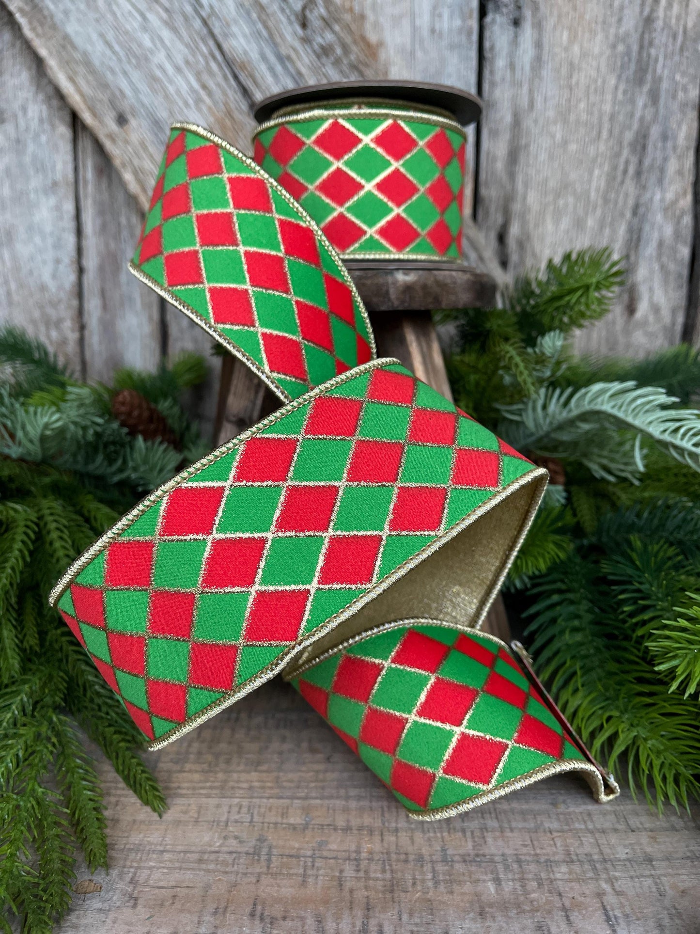2.5" Red and Green Harlequin Ribbon, Christmas Ribbon, Harlequin Ribbon