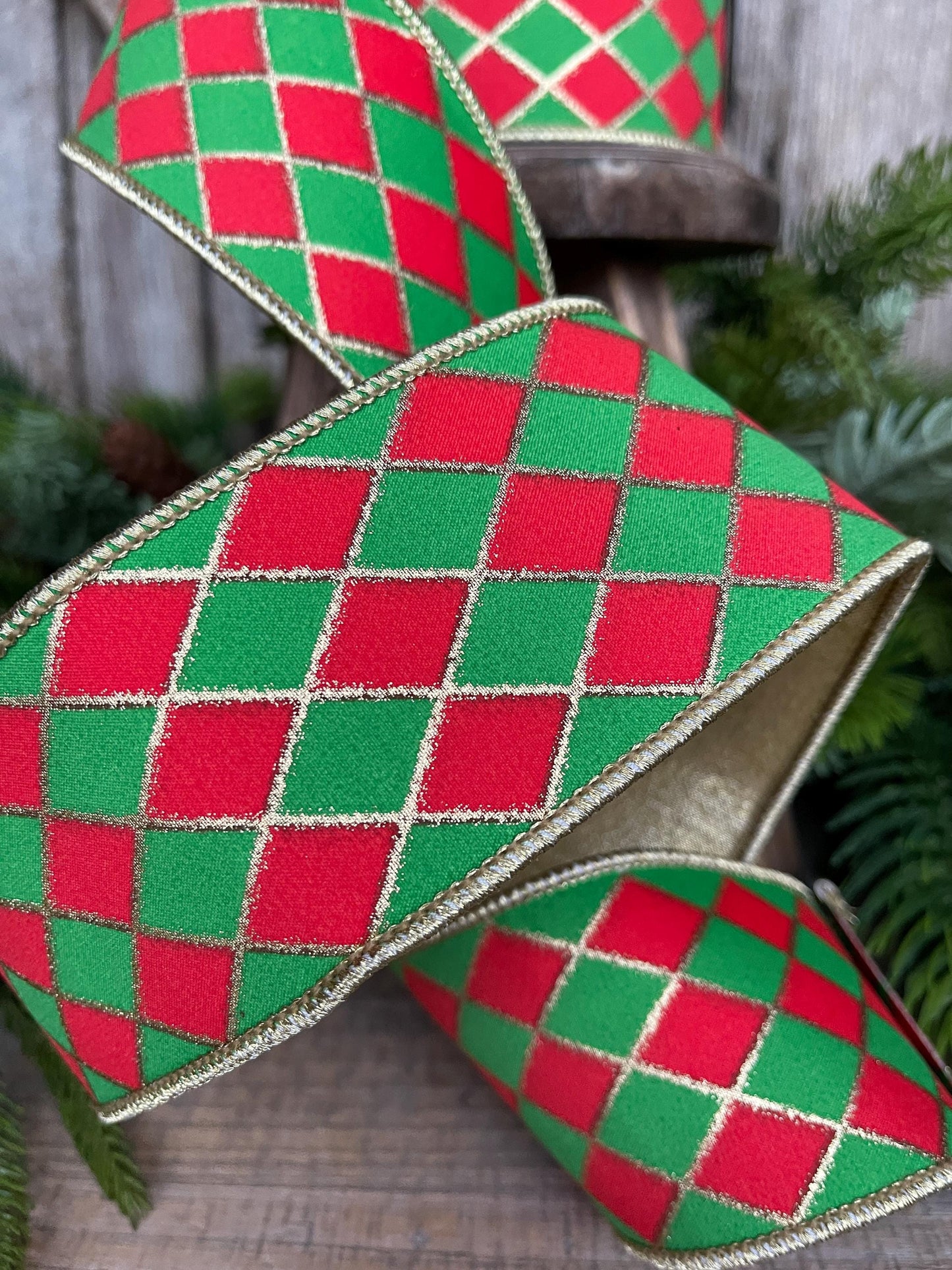 2.5" Red and Green Harlequin Ribbon, Christmas Ribbon, Harlequin Ribbon