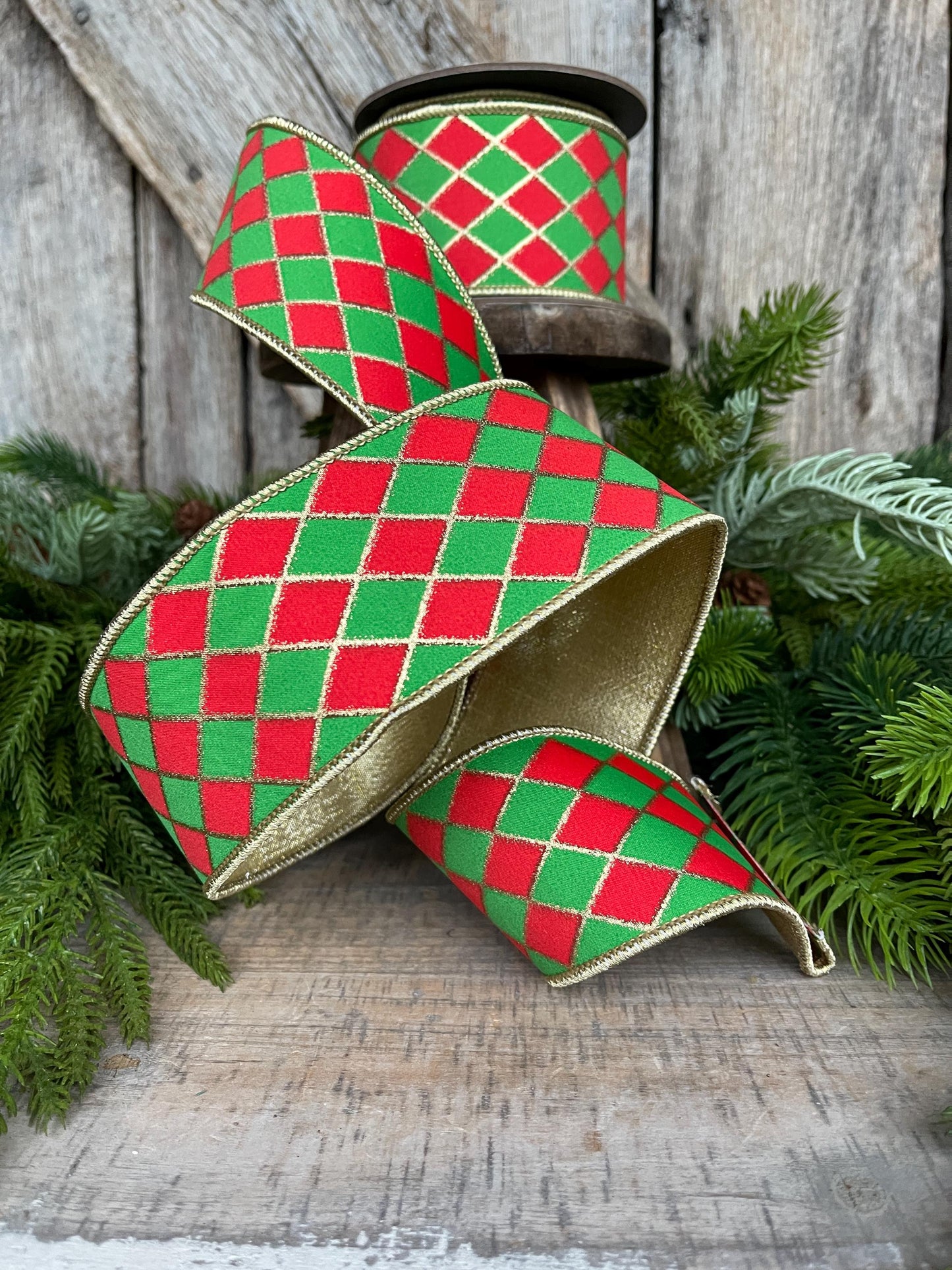 2.5" Red and Green Harlequin Ribbon, Christmas Ribbon, Harlequin Ribbon