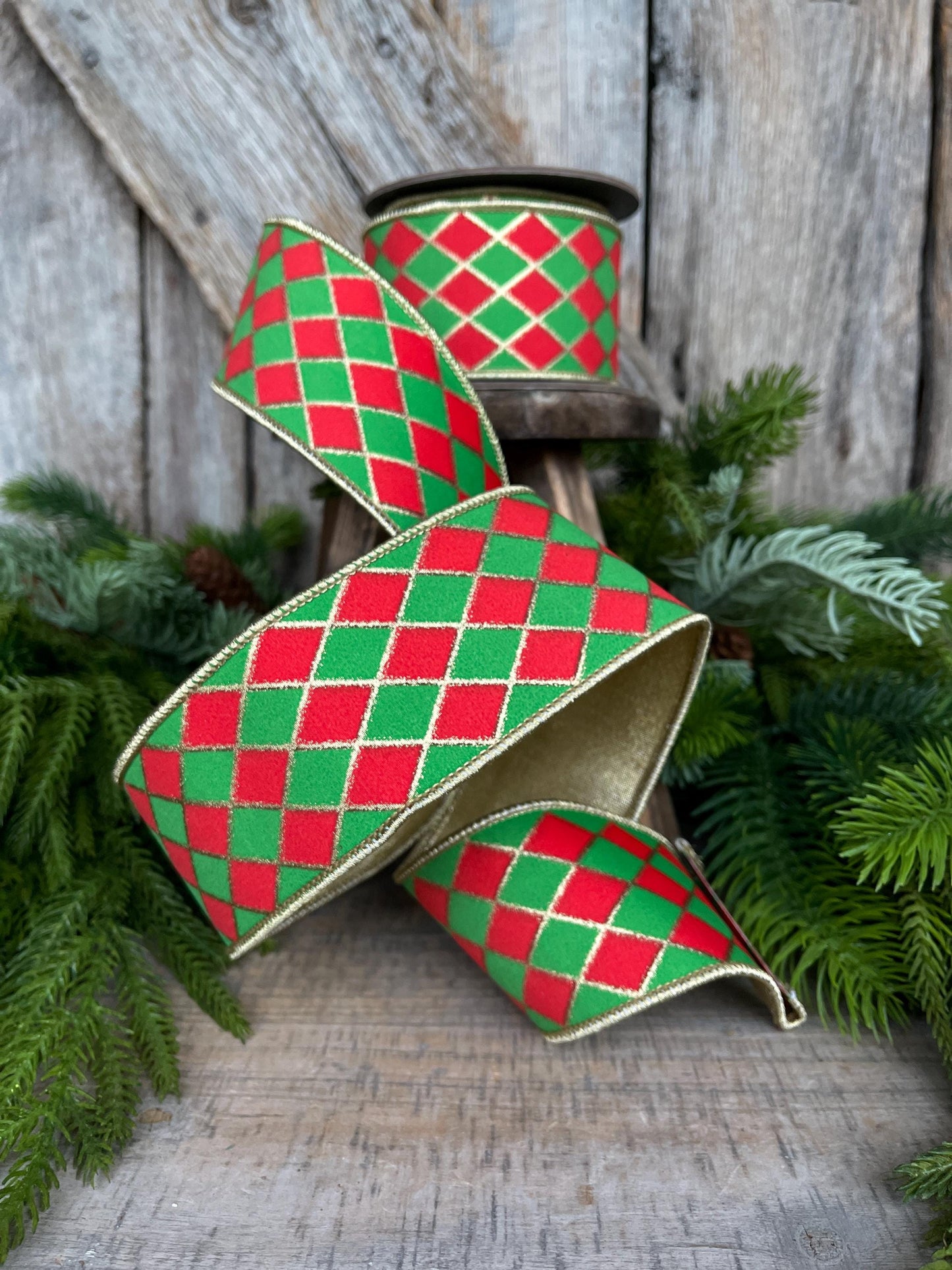 2.5" Red and Green Harlequin Ribbon, Christmas Ribbon, Harlequin Ribbon