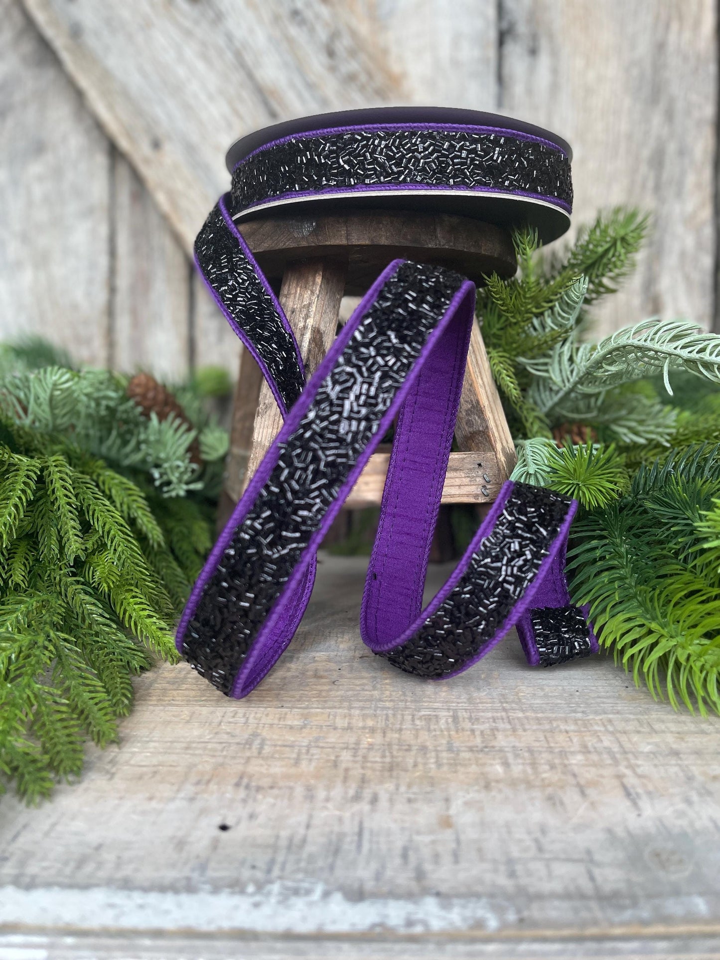 1" Purple Black Halloween Ribbon, Farrisilk Ribbon, Creepy Fuzz Ribbon, Wired Ribbon, HR037-27
