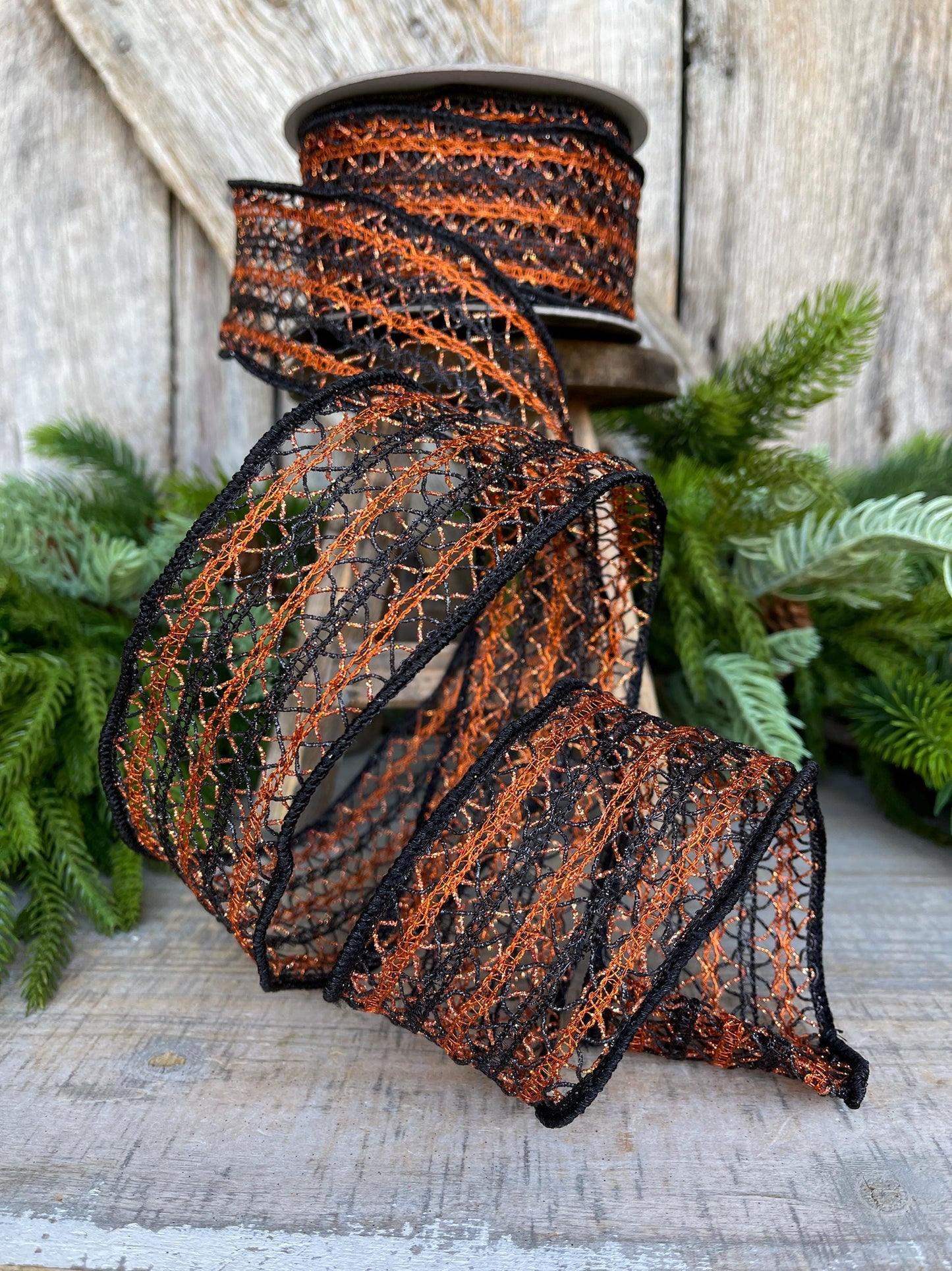 2.5" Orange Halloween Ribbon, Farrisilk Ribbon, Creepy Crochet, Halloween Ribbon, Wired Ribbon, Orange Halloween Ribbon, HR030-87