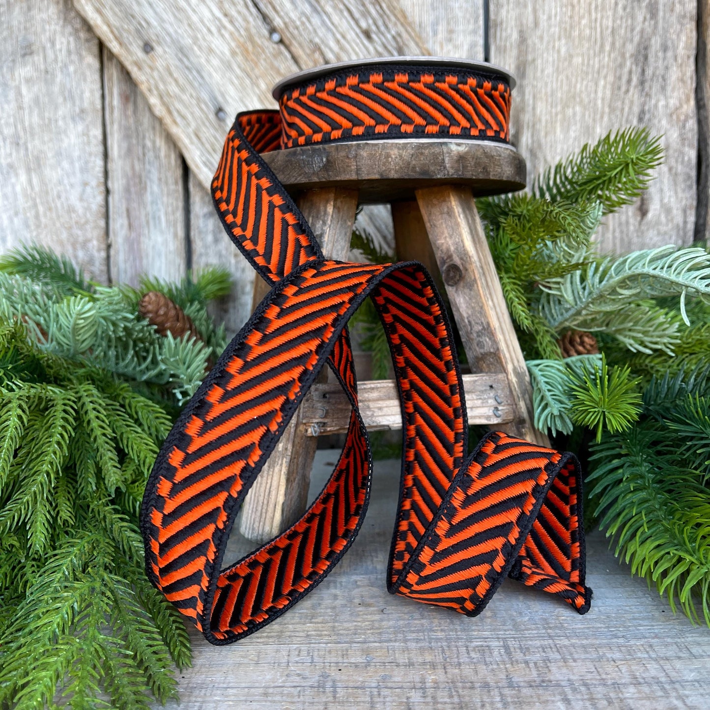 1" Orange Black Halloween Ribbon, Farrisilk ribbon, Orange Shapeshifter Ribbon