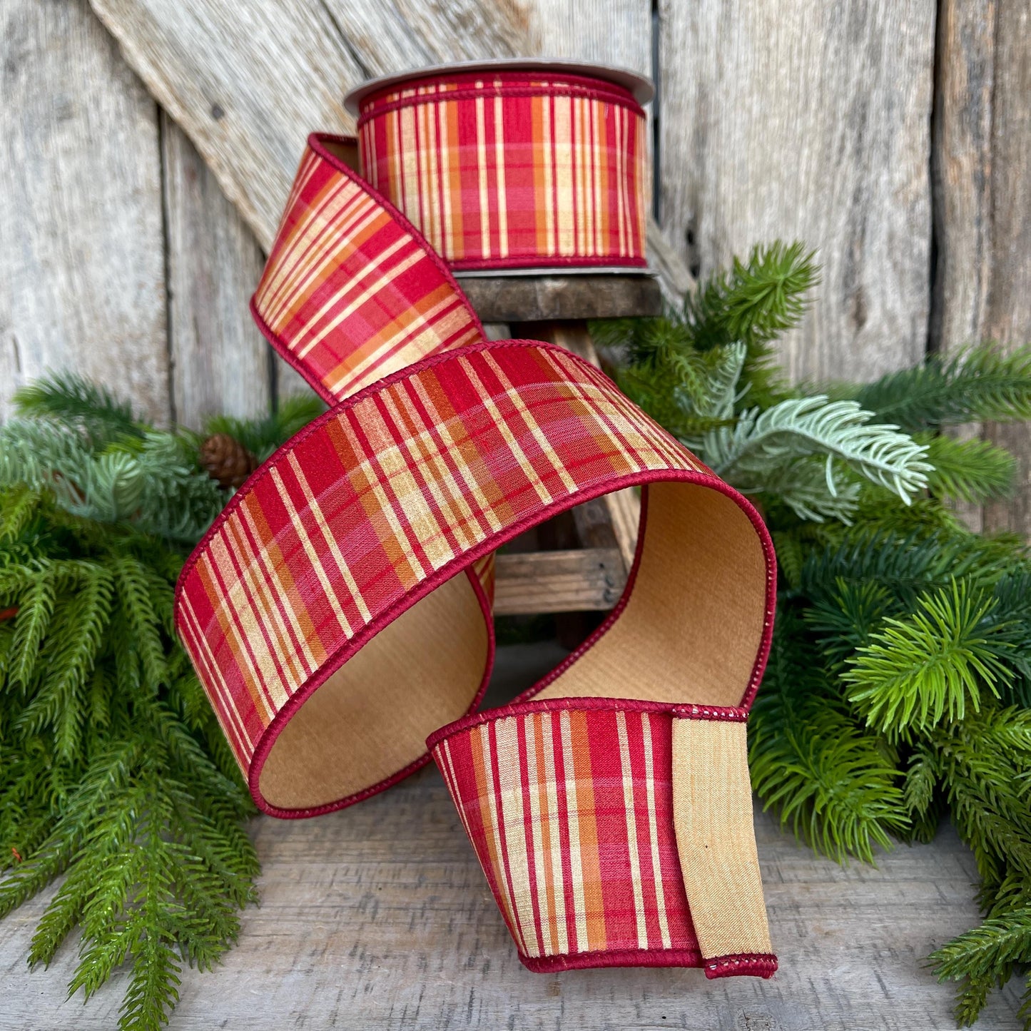 2.5" Fall Plaid Ribbon, Red Orange Prescott Plaid Ribbon, Farrisilk Ribbon