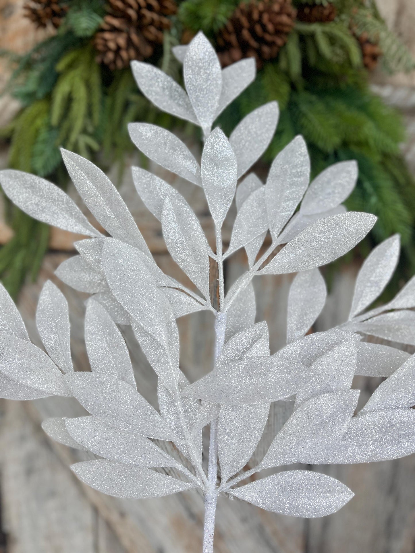 23" White Bay Leaf Glitter Spray, White Leaf Spray, Christmas Leaf Spray, XS237027, White Christmas Tree Decor, White Greenery