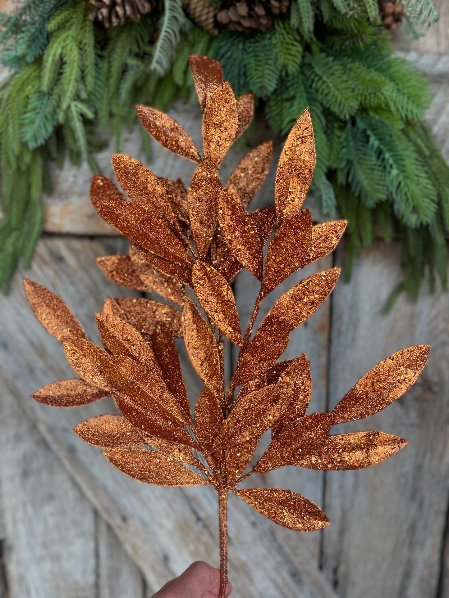 23" Copper Bay Leaf Glitter Spray, Orange Copper Leaf Spray, Fall Leaf Spray, XS618260, Christmas Tree Decor, Copper Spray