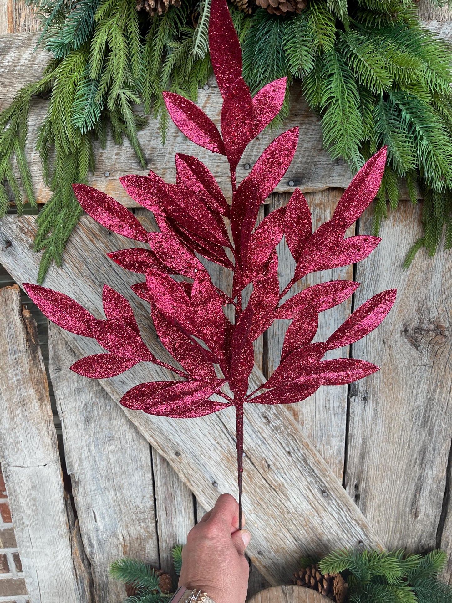23" Burgundy Bay Leaf Glitter Spray, Burgundy Maroon Leaf Spray, Fall Leaf Spray, XS618205, Christmas Tree Decor, Burgundy Spray