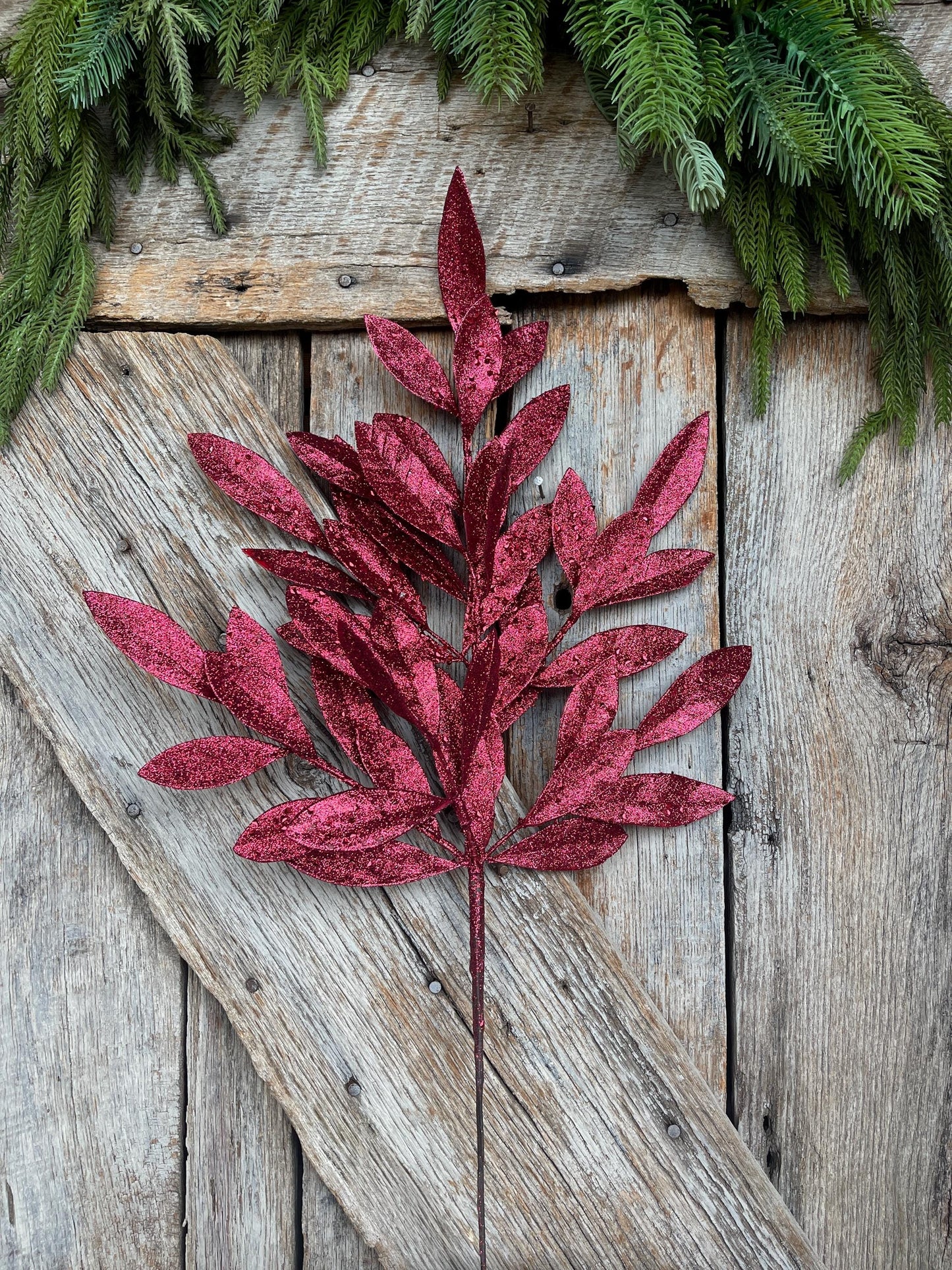 23" Burgundy Bay Leaf Glitter Spray, Burgundy Maroon Leaf Spray, Fall Leaf Spray, XS618205, Christmas Tree Decor, Burgundy Spray