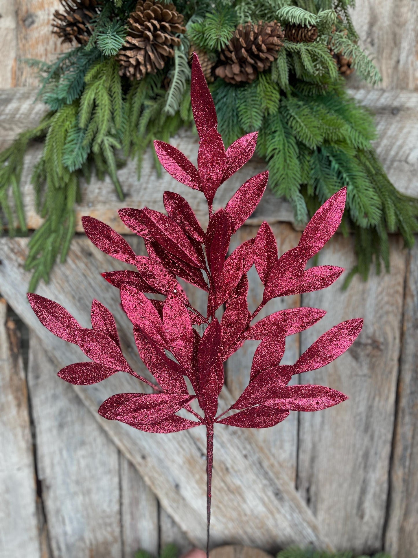 23" Burgundy Bay Leaf Glitter Spray, Burgundy Maroon Leaf Spray, Fall Leaf Spray, XS618205, Christmas Tree Decor, Burgundy Spray
