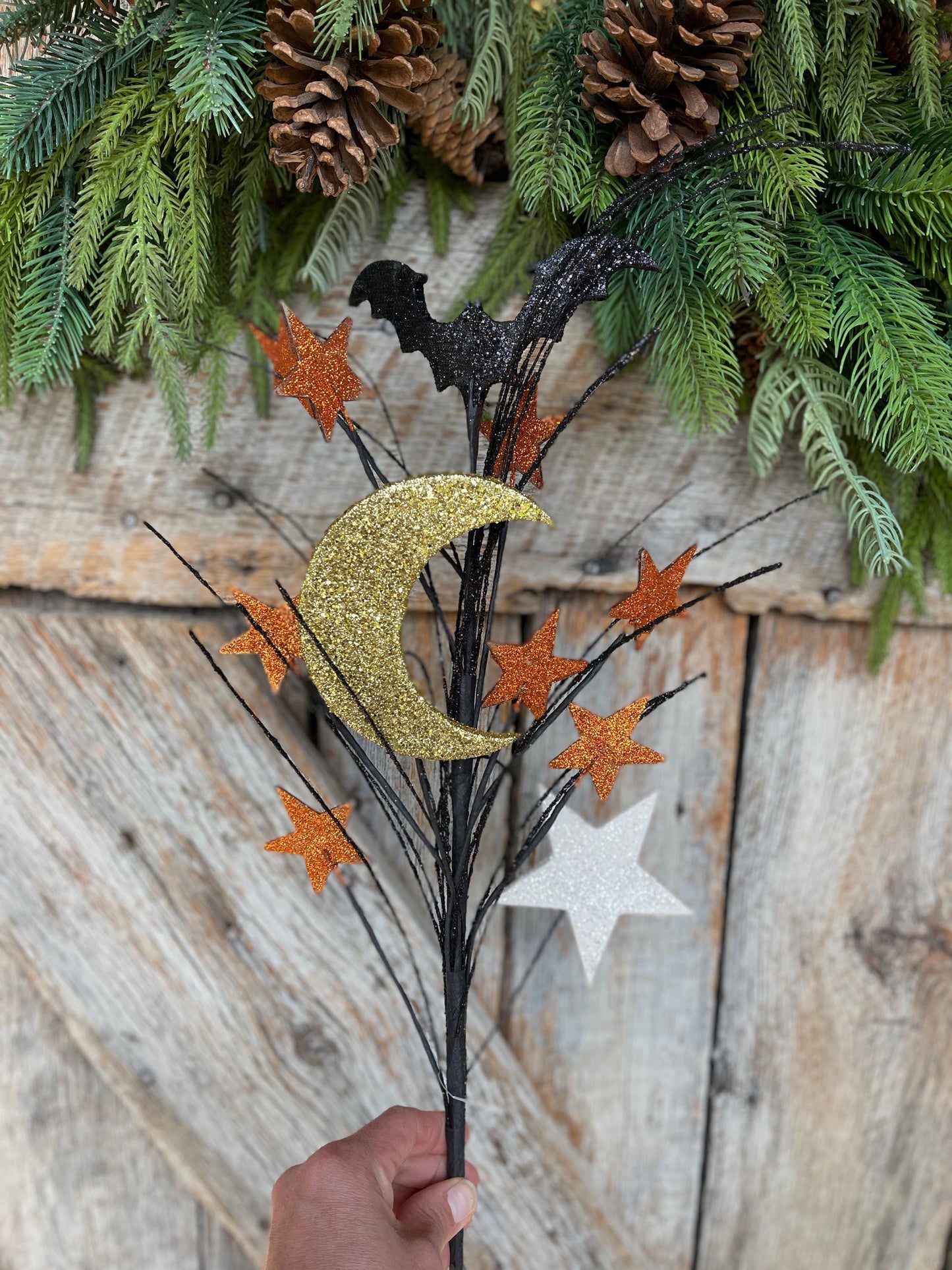 29" Halloween Spray, Gitter Crescent Moon Bat Spray, Halloween Spray