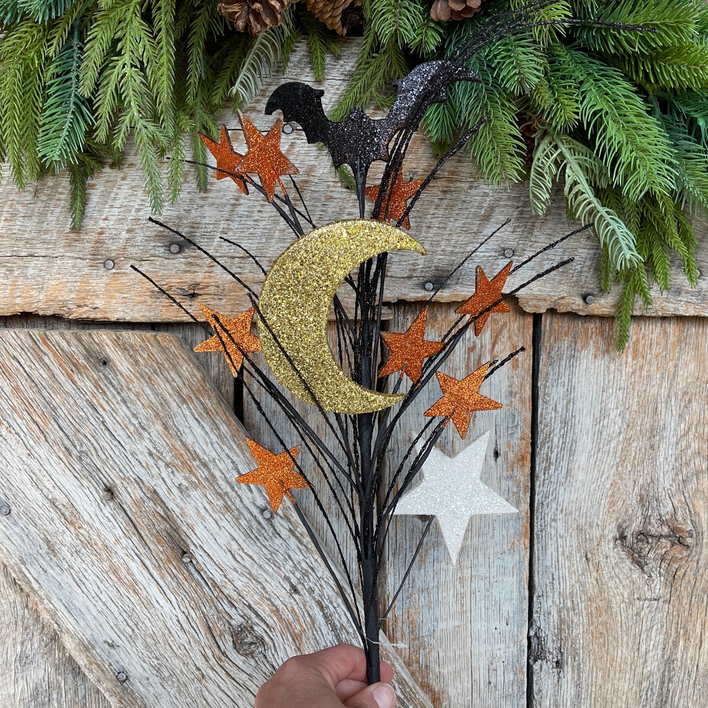 29" Halloween Spray, Gitter Crescent Moon Bat Spray, Halloween Spray