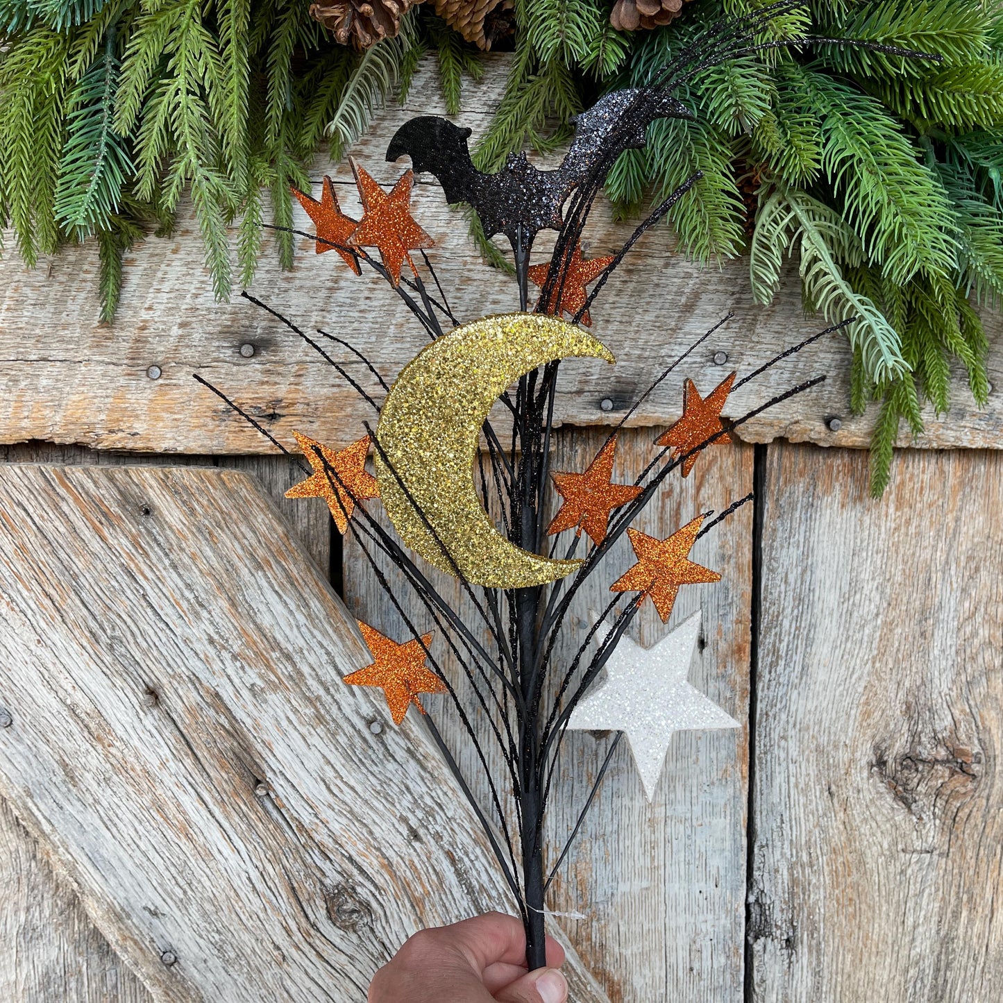 29" Halloween Spray, Gitter Crescent Moon Bat Spray, Halloween Spray