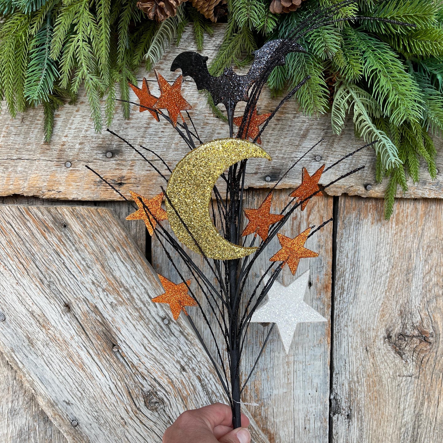 29" Halloween Spray, Gitter Crescent Moon Bat Spray, Halloween Spray