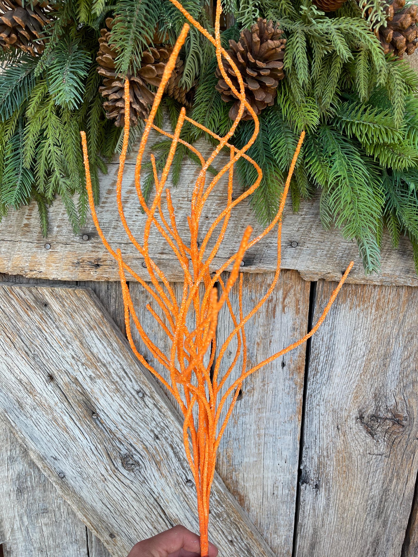30" Orange Glitter Twig Halloween Spray, Orange Spray, Halloween Floral Stem