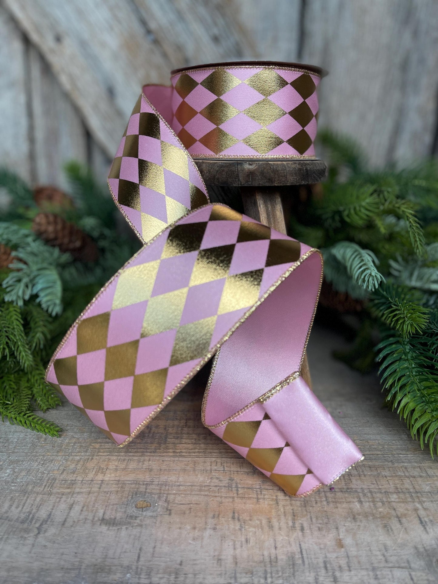 2.5" Pink Gold Harlequin Ribbon, Farrisilk Ribbon, Wired Ribbon, Frolly Jolly Pink Ribbon, Christmas Ribbon, Pink Harlequin Ribbon, RS266-14