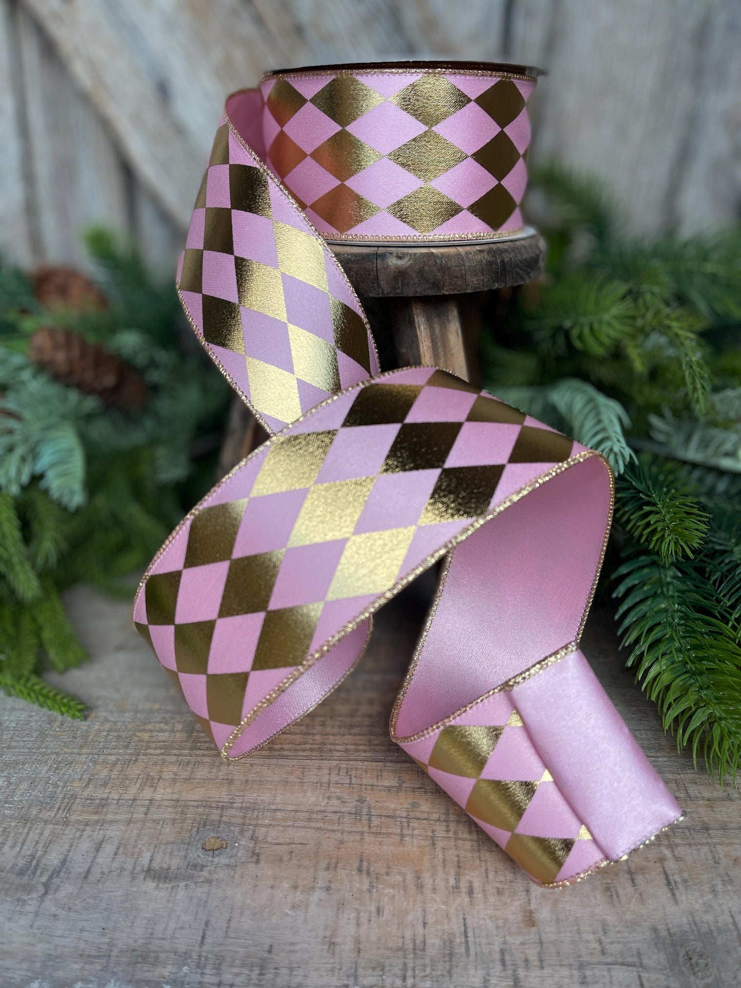 2.5" Pink Gold Harlequin Ribbon, Farrisilk Ribbon, Wired Ribbon, Frolly Jolly Pink Ribbon, Christmas Ribbon, Pink Harlequin Ribbon, RS266-14