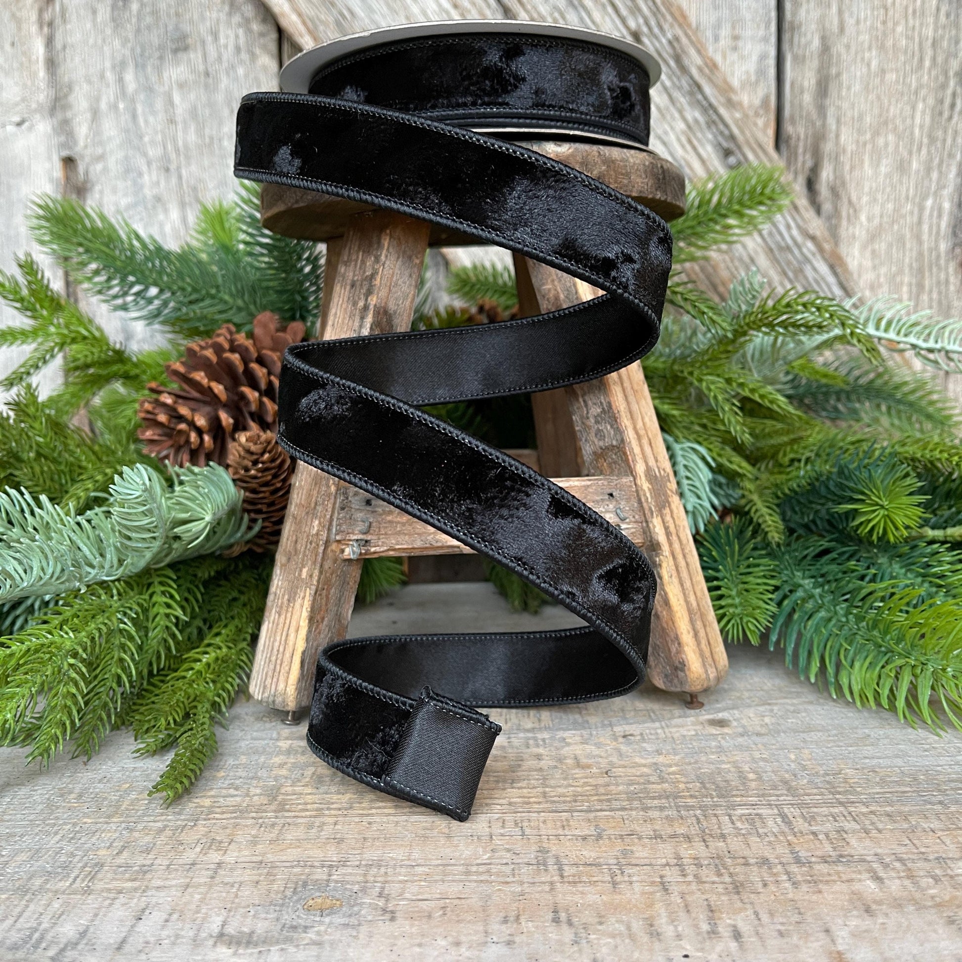 1” Black Silken Velvet Ribbon, Farrisilk ribbon, Velvet ribbon