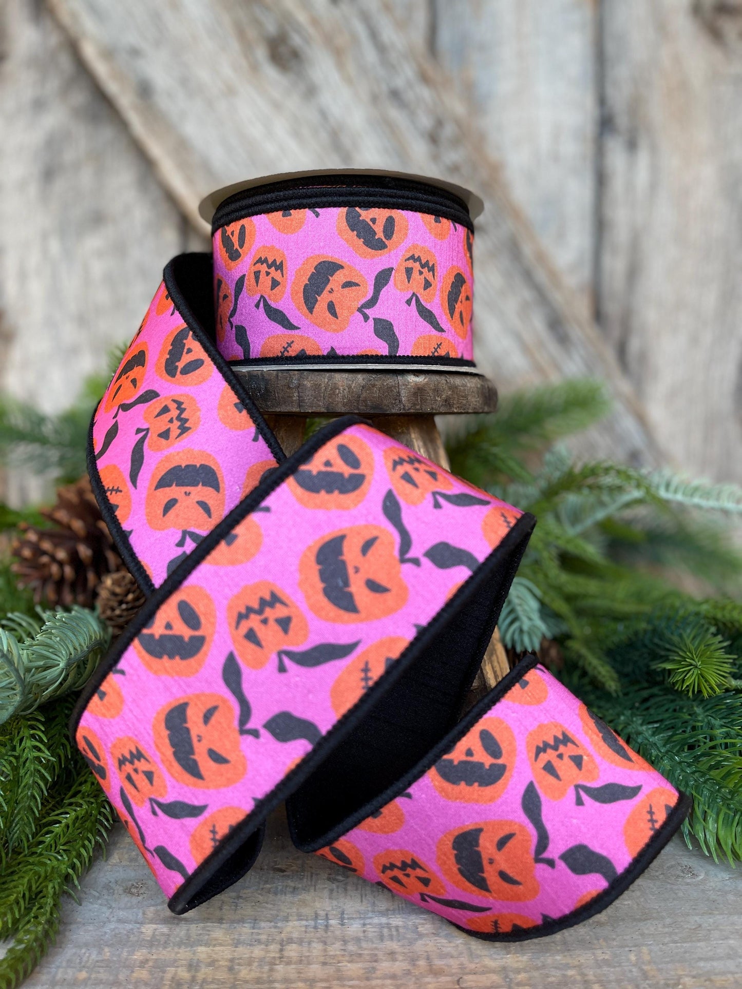 2.5" Halloween Ribbon, Farrisilk Ribbon, Pink Orange Pumpkin Ribbon, Halloween Pumpkin Ribbon, jack o lantern ribbon, HR048-52