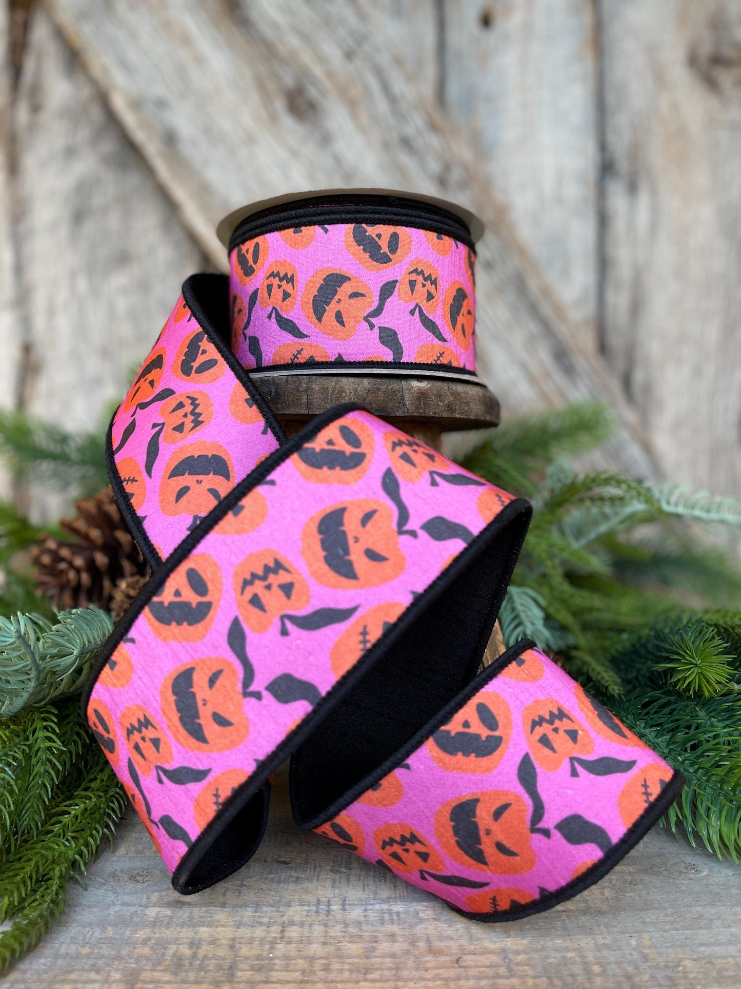 2.5" Halloween Ribbon, Farrisilk Ribbon, Pink Orange Pumpkin Ribbon, Halloween Pumpkin Ribbon, jack o lantern ribbon, HR048-52